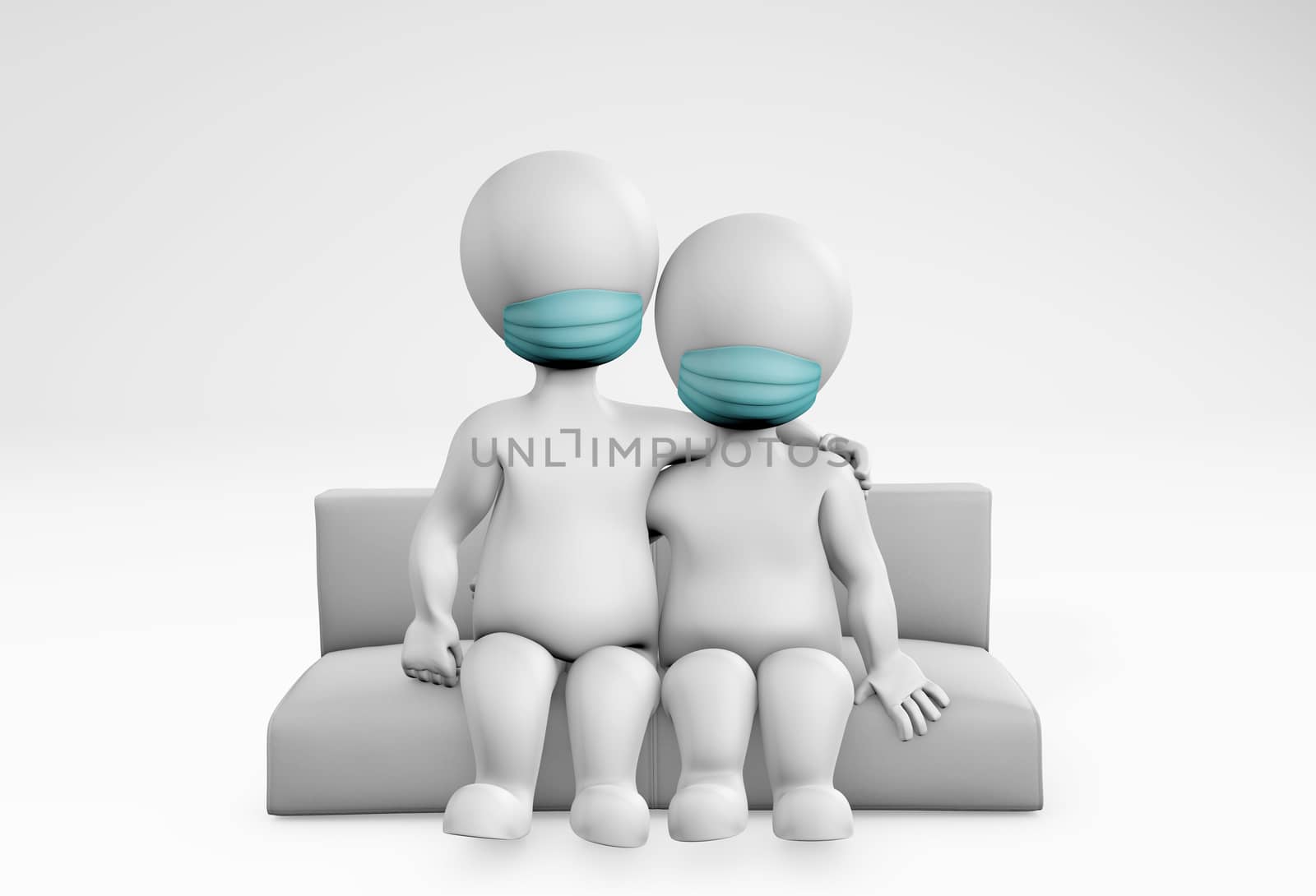 fatty family in quarantine wearing masks staying at home sitting on a sofa 3d rendering