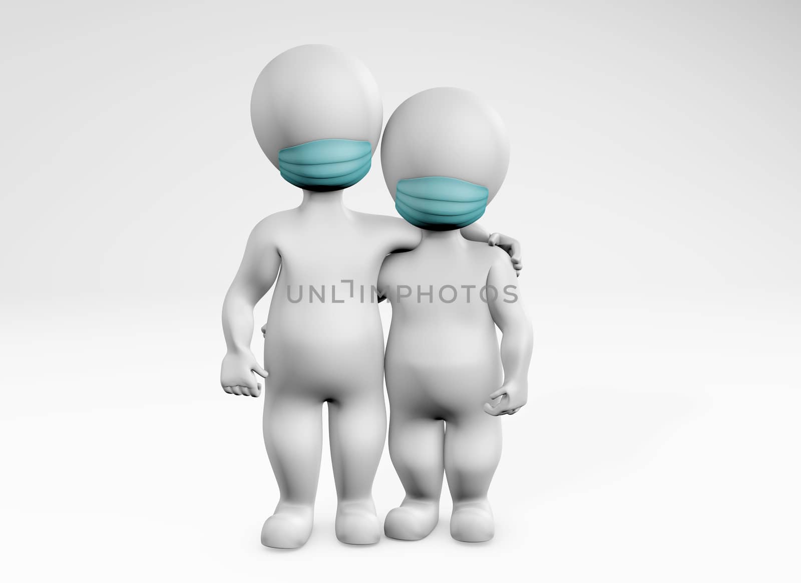 fatty family in quarantine wearing masks holding together in a hug 3d rendering