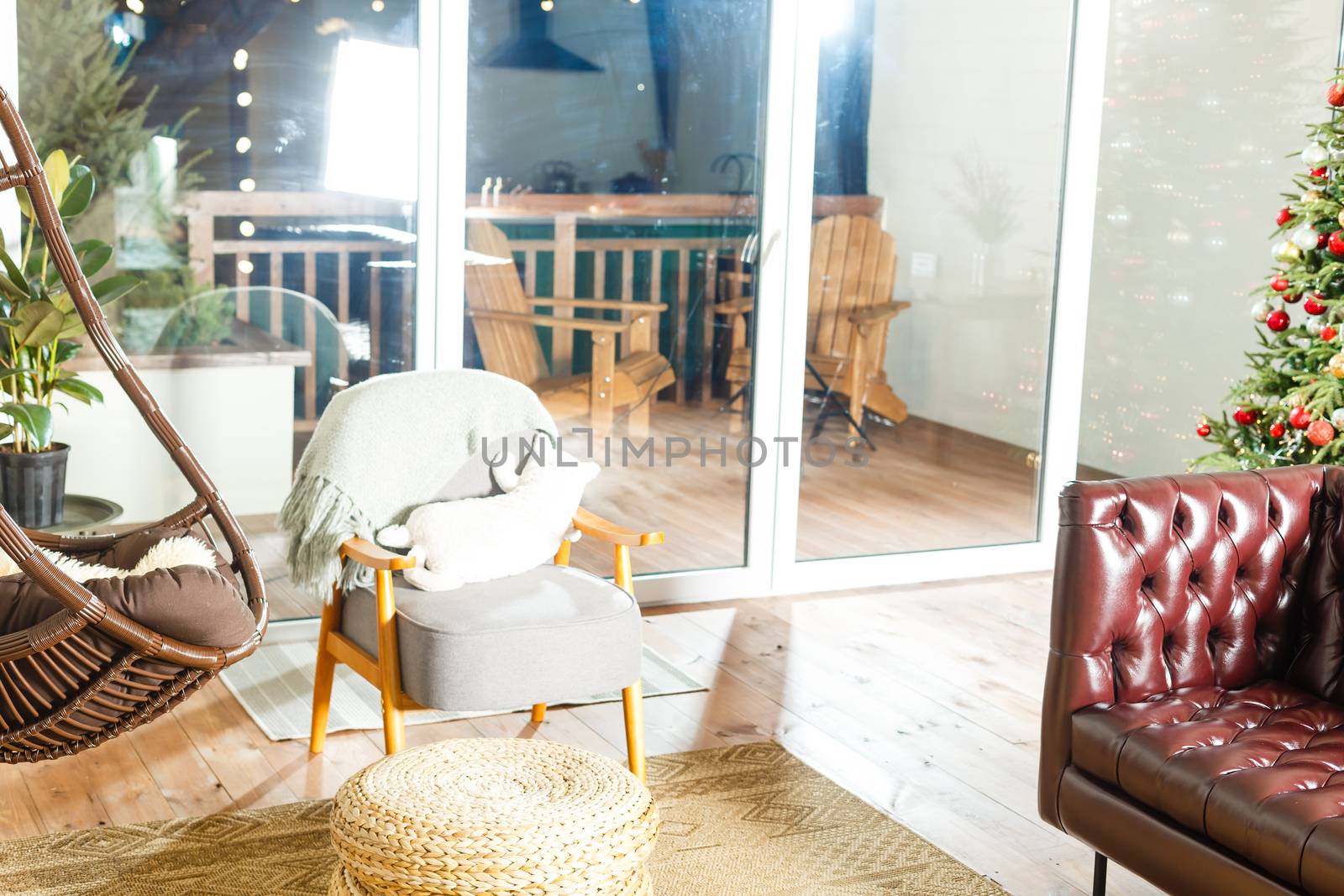 A living room with a leather chair. High quality photo