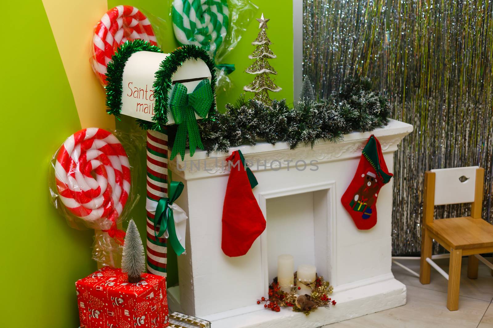 A close up of a decorated tree in a room. High quality photo