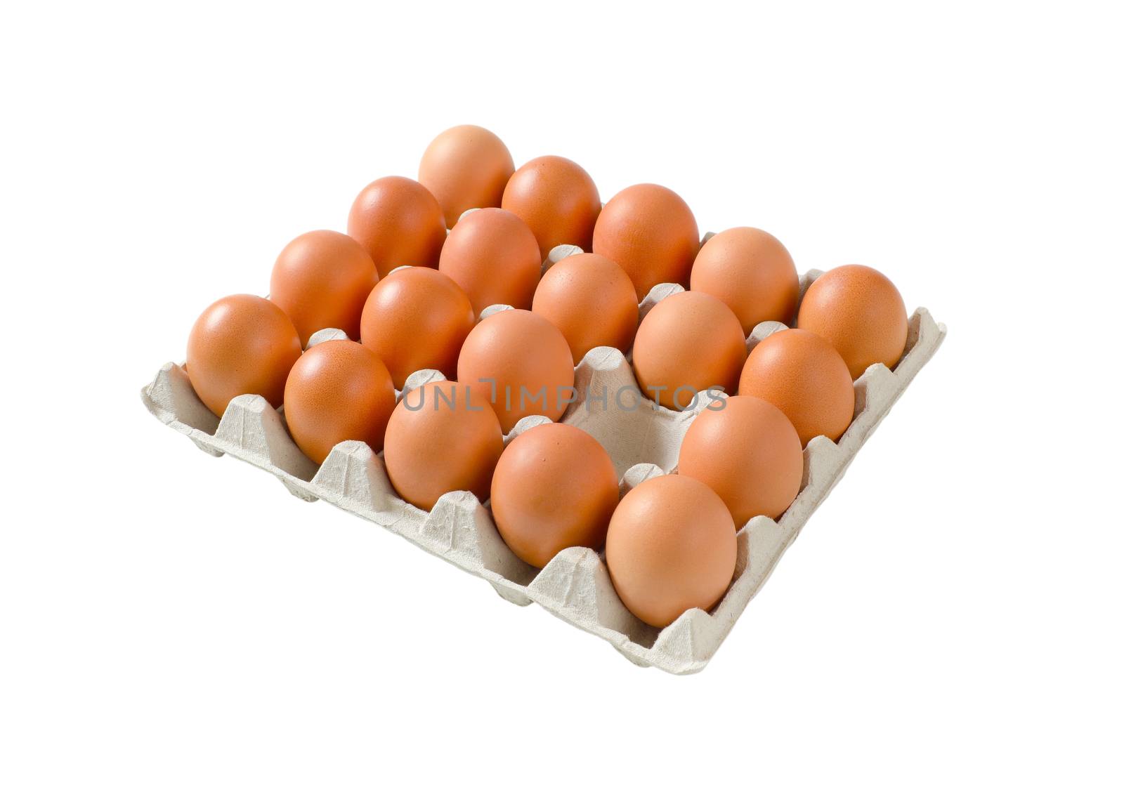 Fresh brown eggs in paper carton isolated on white by Digifoodstock
