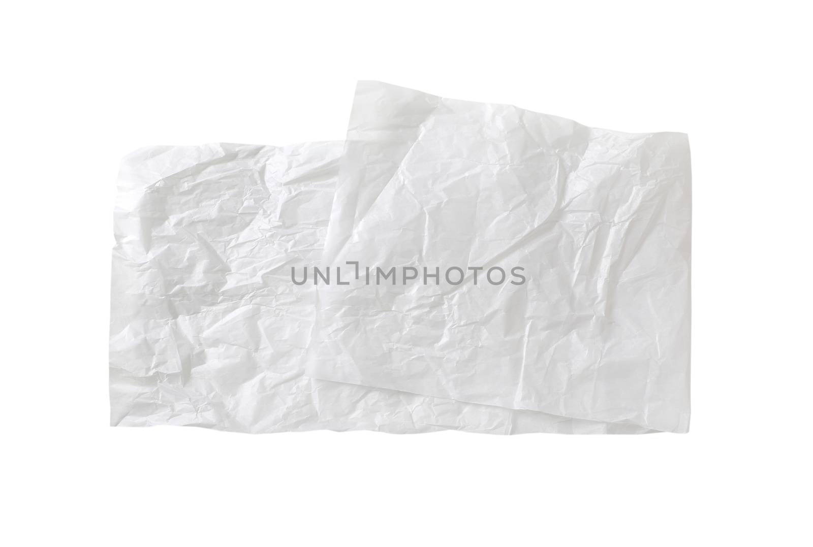 Creased sheet of white wax coated butcher paper isolated on white