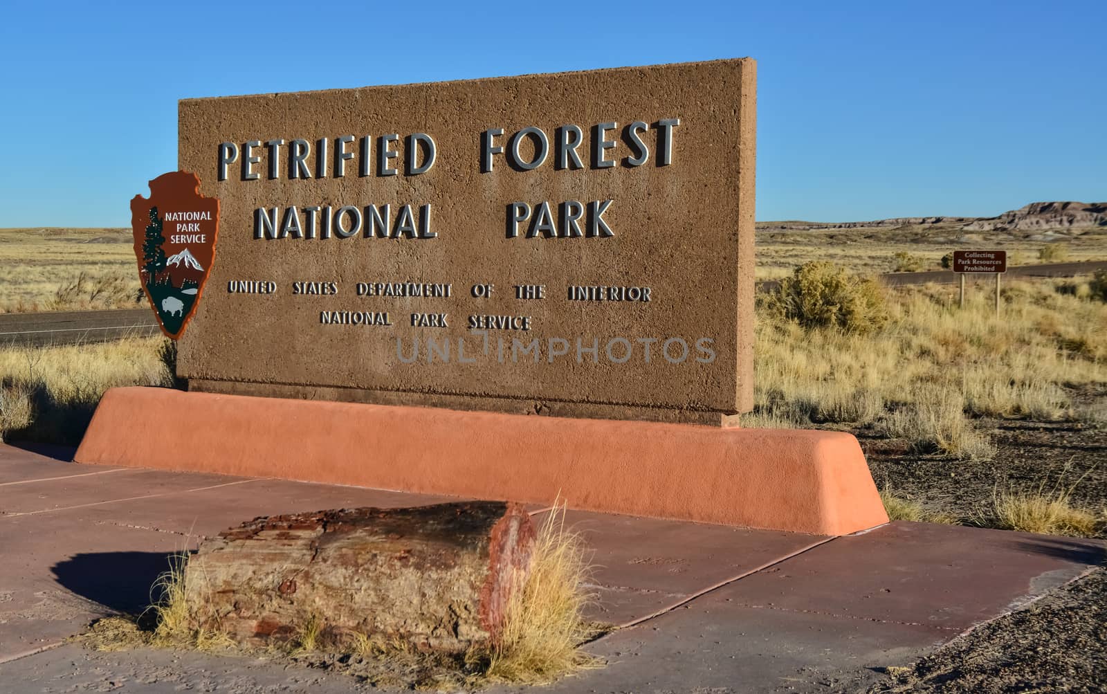 USA, PHENIX, ARIZONA- NOVEMBER 17, 2019: information sign with the name of the park Petrified Forest National Park, Arizona