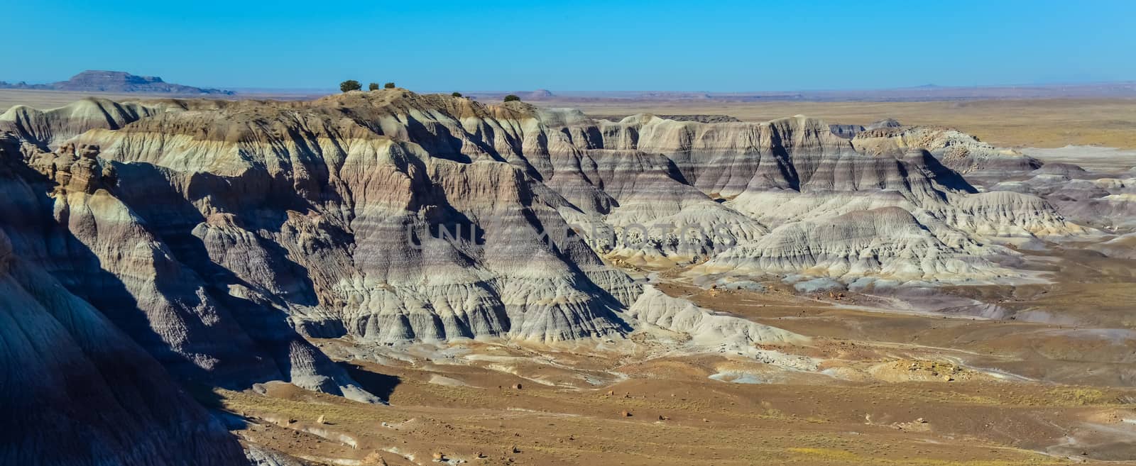 The Painted Desert on a sunny day. Diverse sedimentary rocks and clay washed out by water. Petrified Forest National Park, USA,  Arizona