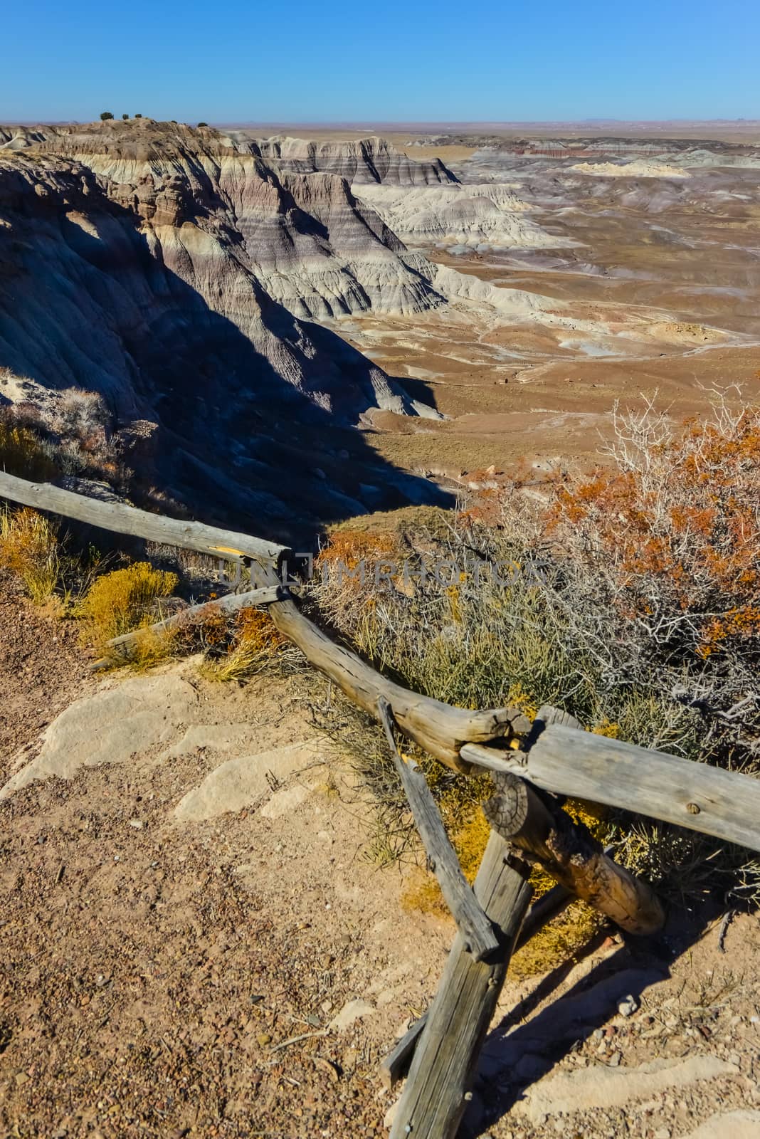 The Painted Desert on a sunny day. Diverse sedimentary rocks and clay washed out by water. Petrified Forest National Park, USA,  Arizona