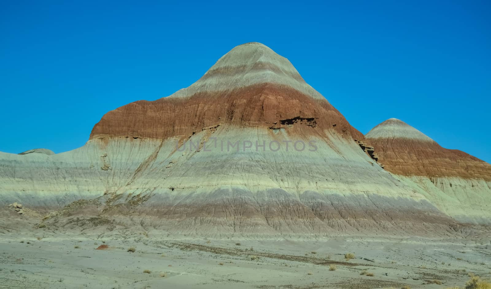 The Painted Desert on a sunny day. Diverse sedimentary rocks and clay washed out by water. Petrified Forest National Park, USA,  Arizona