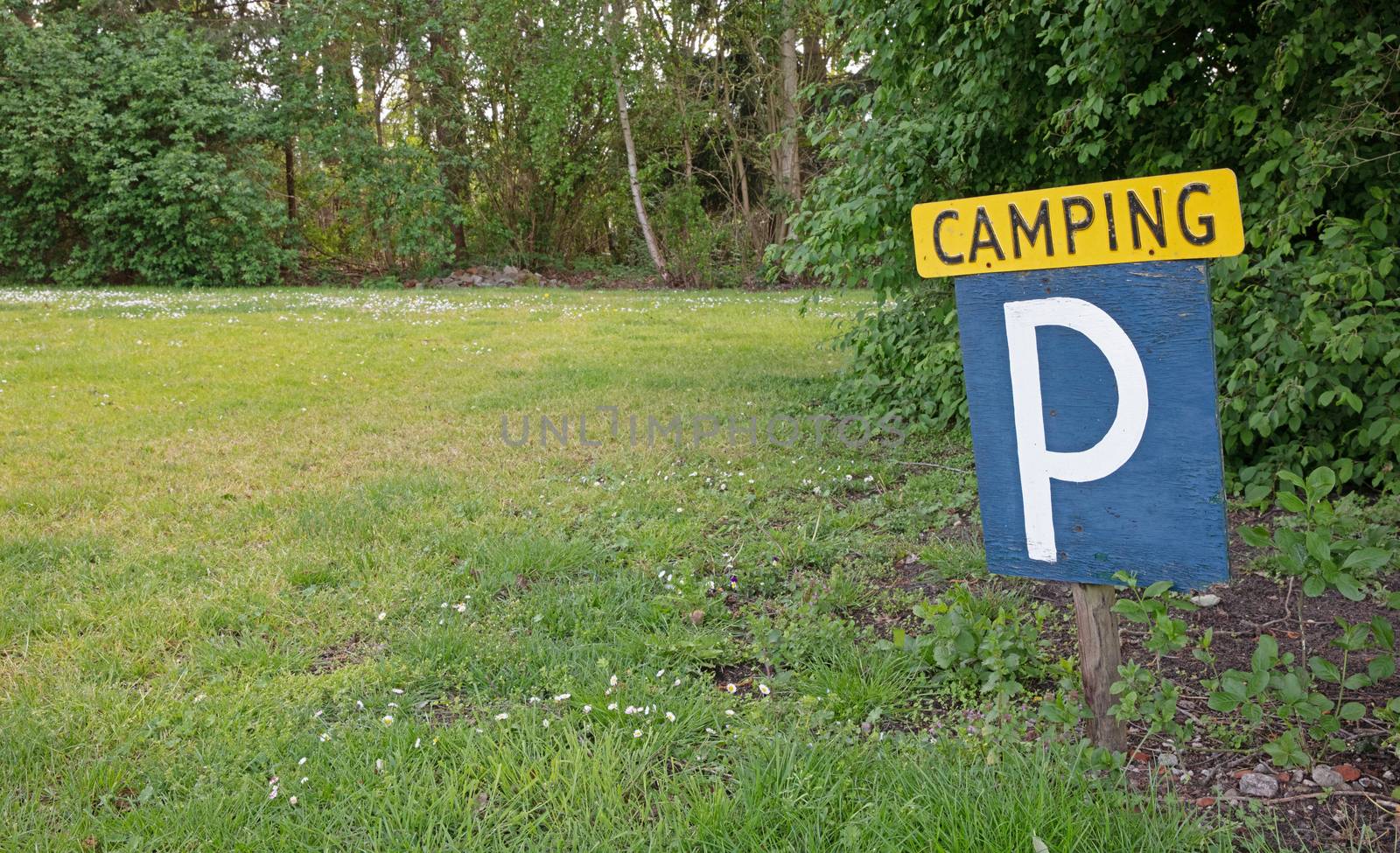 Empty camping site in the Netherlands, big sign