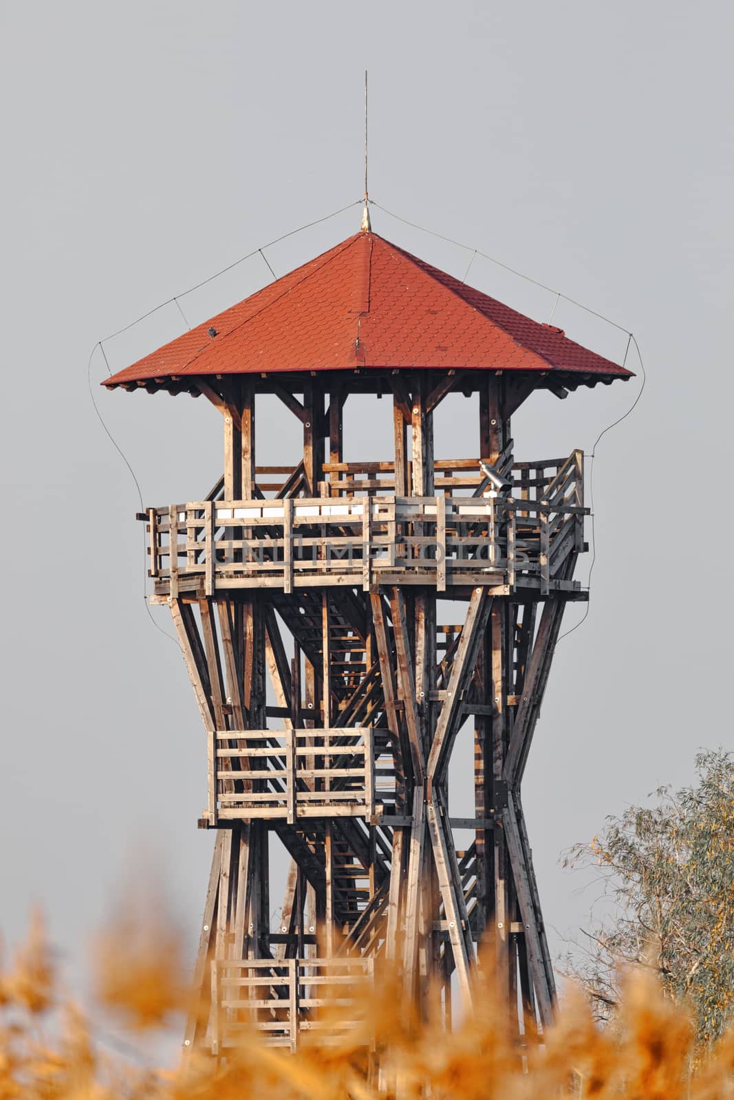 Birdwatching observation tower, Lookout in Hortobagy National Park. Hungary. Europe UNESCO World Heritage Site