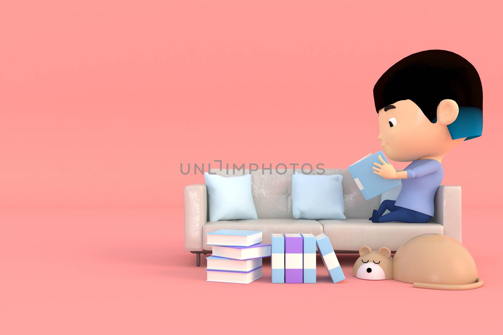 3d illustrator cartoon characters. A girl sitting on the sofa reading