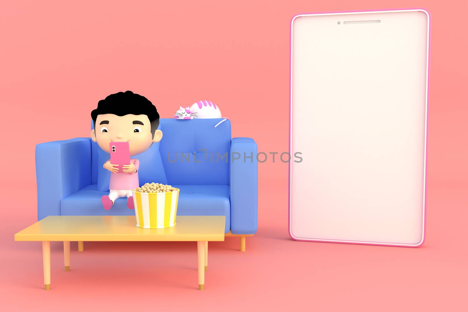 3d illustrator of cartoon characters. A boy using a smartphone on the sofa