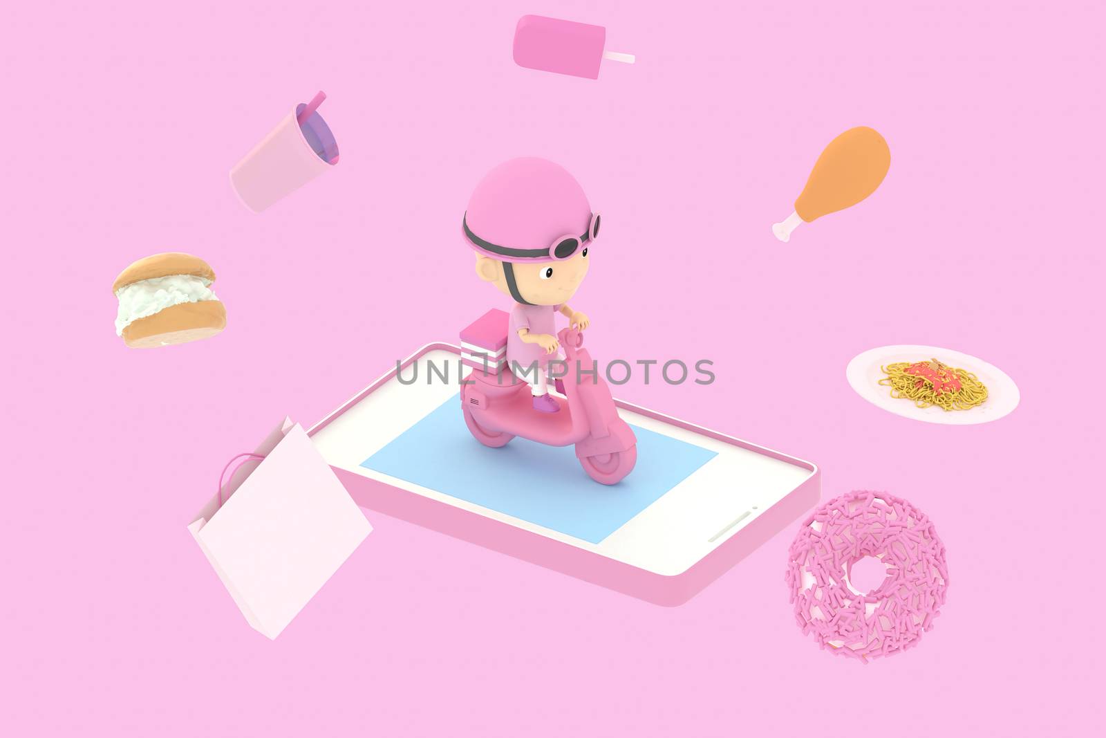 3d illustrator of cartoon characters. A man driving a motorcycle delivering food From online purchases