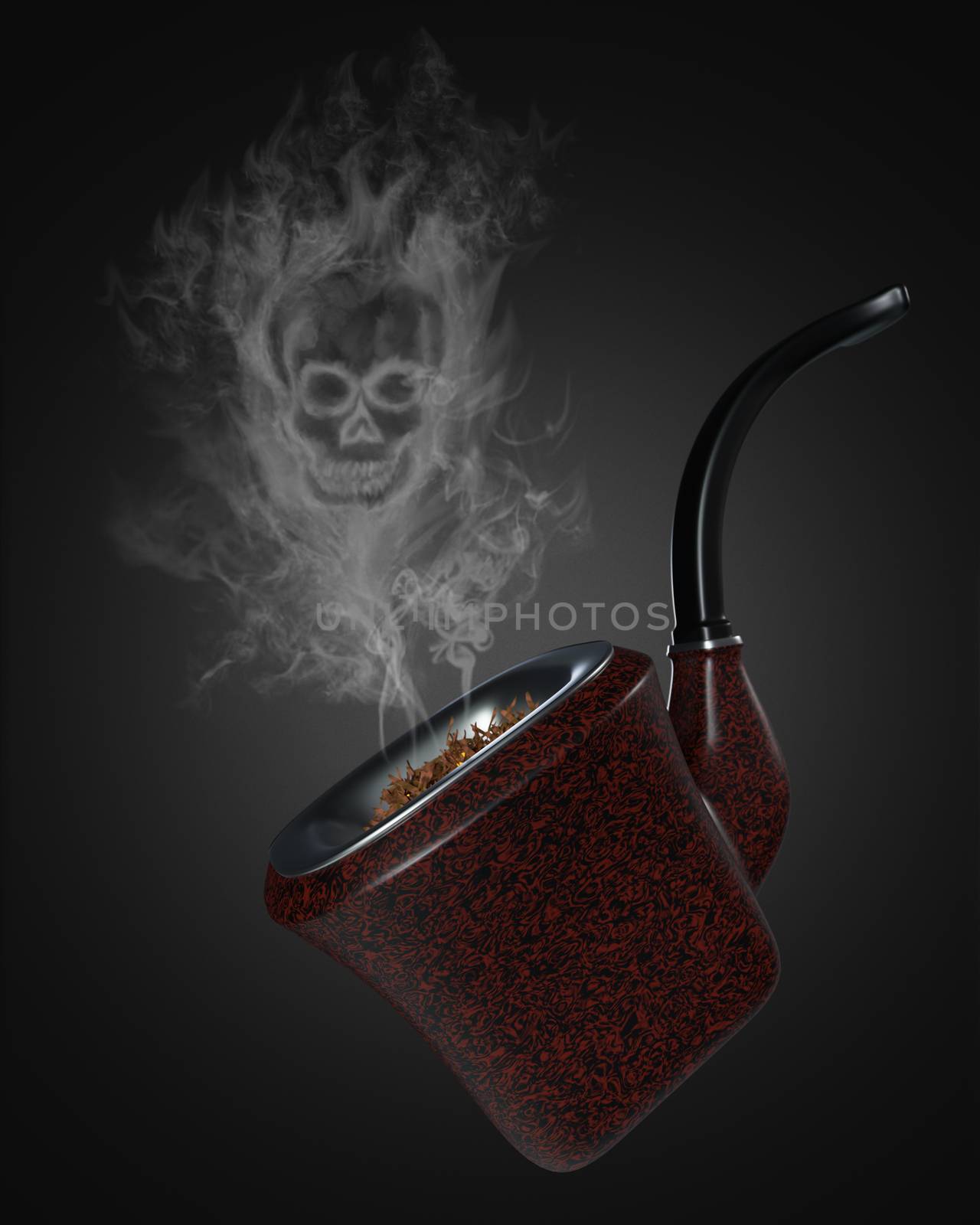 Skull shaped smoke comes out of the vintage pipe on black background. It means that cigarettes can kill you to death. The concept of anti-tobacco and world no tobacco day. 3D illustrator rendering.