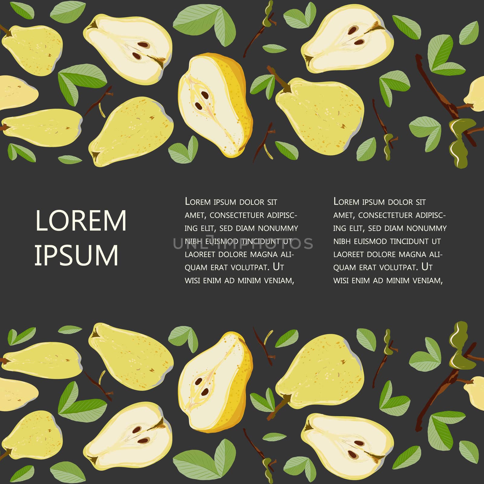 Whole and sliced pear seamless horizontal border with copy space vector illustration on black. by Nata_Prando