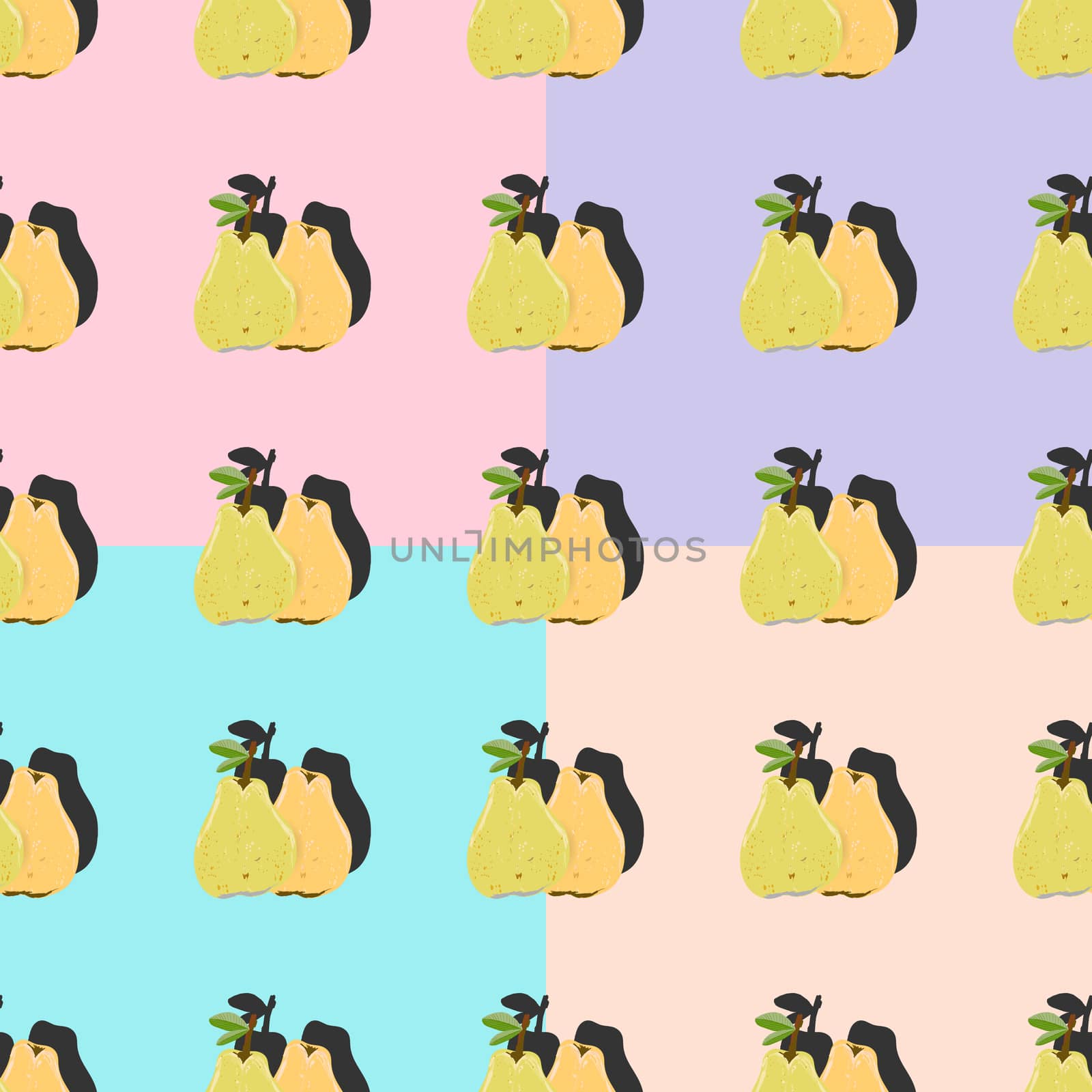 Set of four orange and green pear top view pop art with shadow seamless pattern on lilac, pink, turquoise, beige background. Summer fruit endless design for wallpapers, fabrics, textiles, packaging.