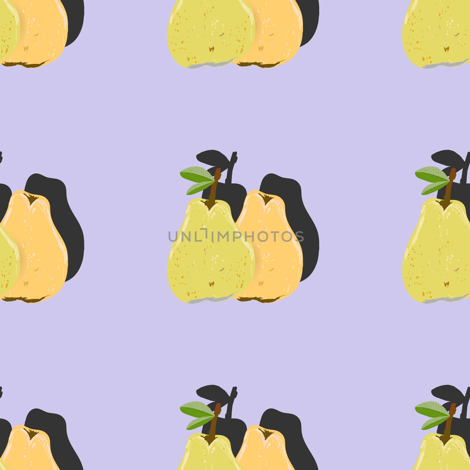Orange and green pear top view pop art with shadow seamless pattern on lilac background. Summer fruit endless design for wallpapers, fabrics, textiles, packaging.