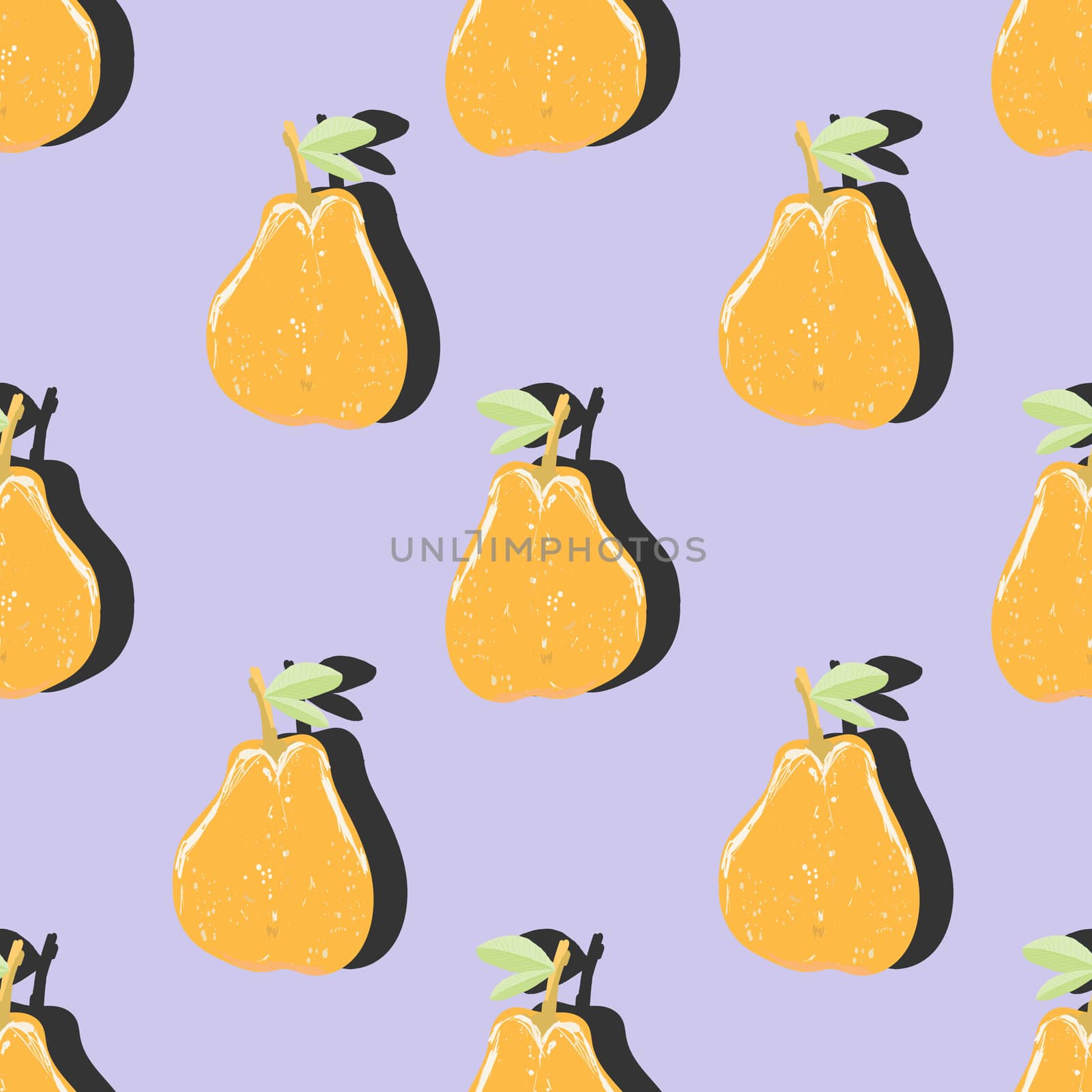 Orange pear top view pop art with shadow seamless pattern on purple background. Summer fruit endless design for wallpapers, fabrics, textiles, packaging.