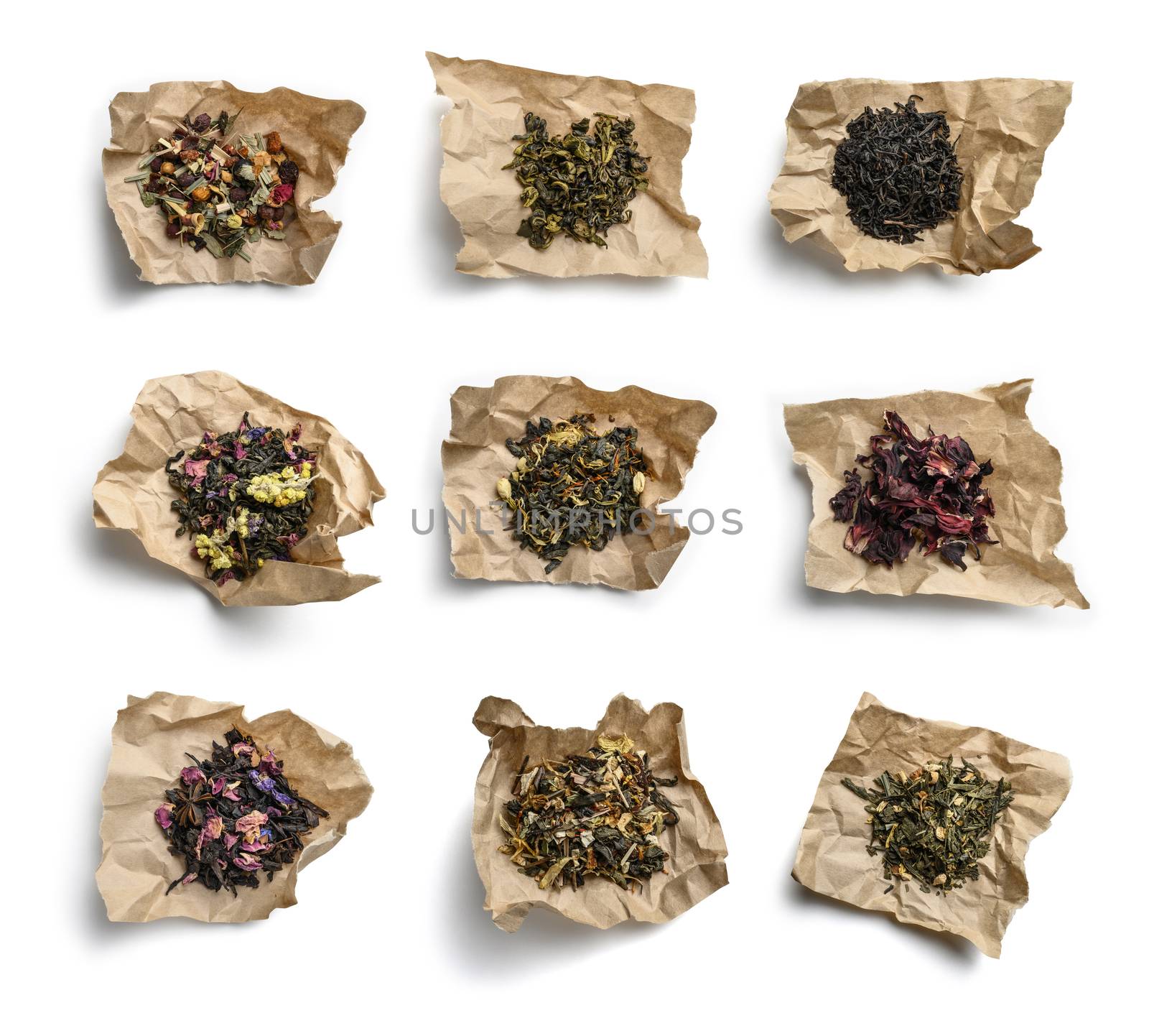 Large assortment of tea on a white background. The view from the top.