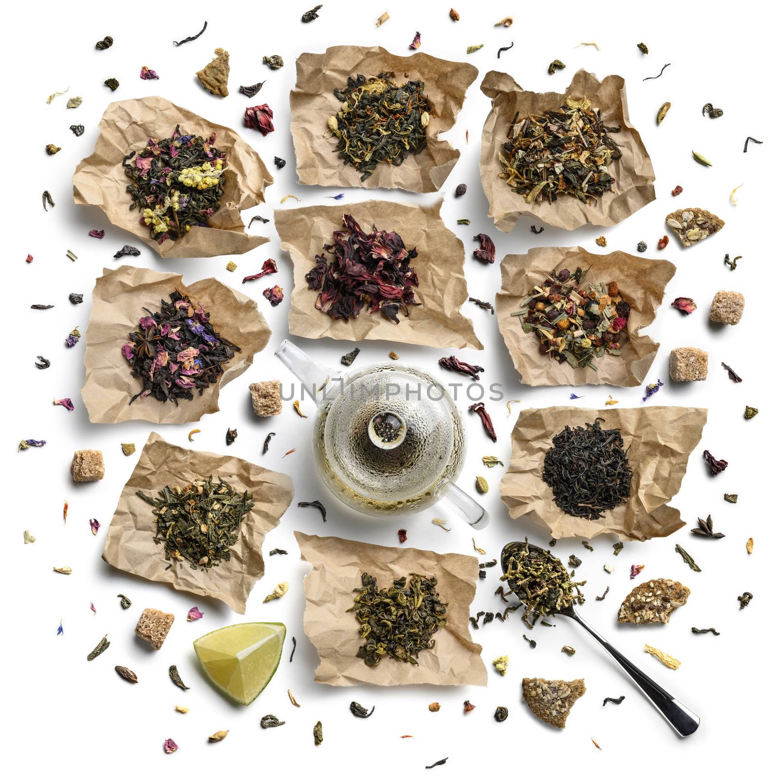 Large assortment of tea on a white background. The view from the top.