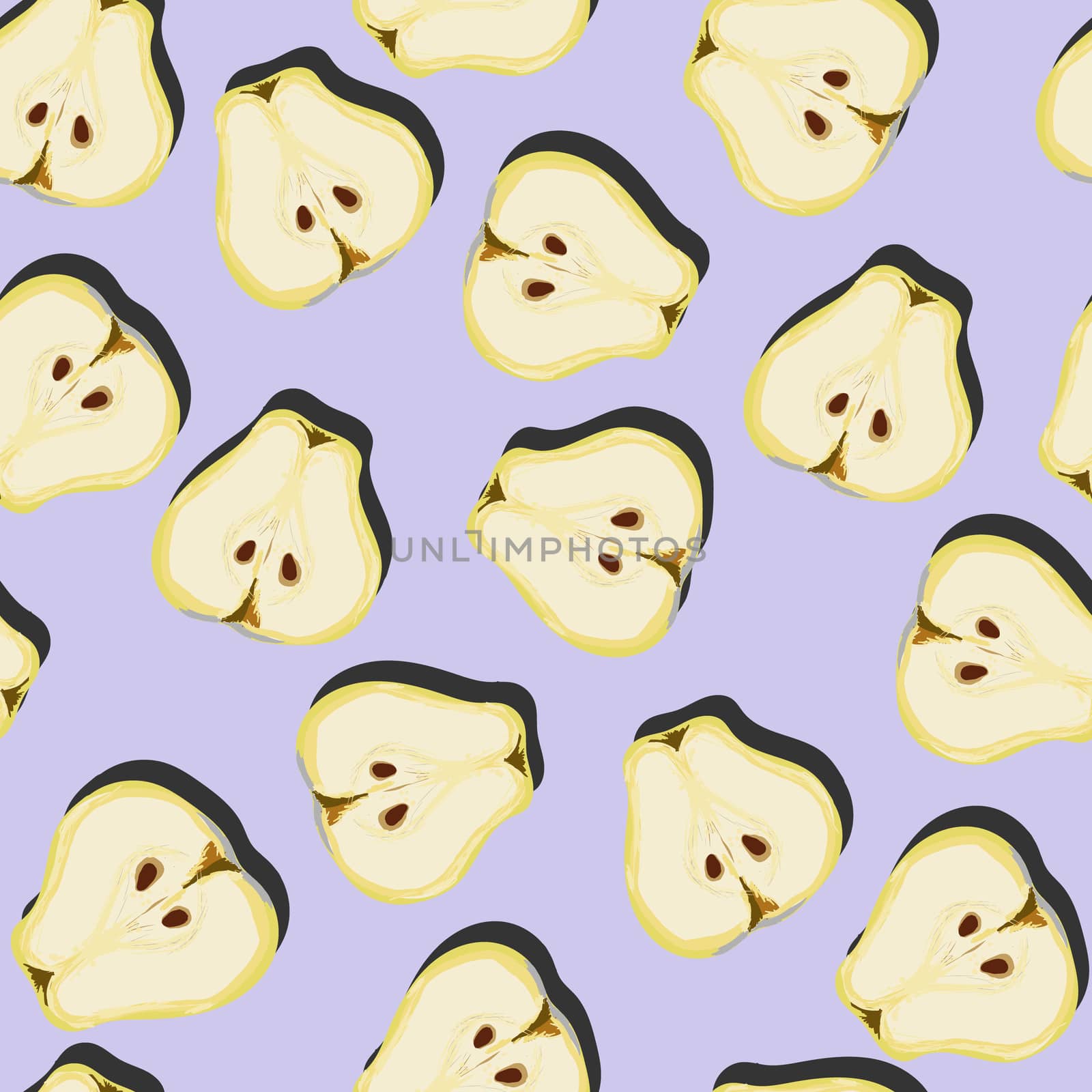 Cut half juicy pear top view pop art with shadow seamless pattern on lilac background. Summer fruit endless design for wallpapers, fabrics, textiles, packaging.