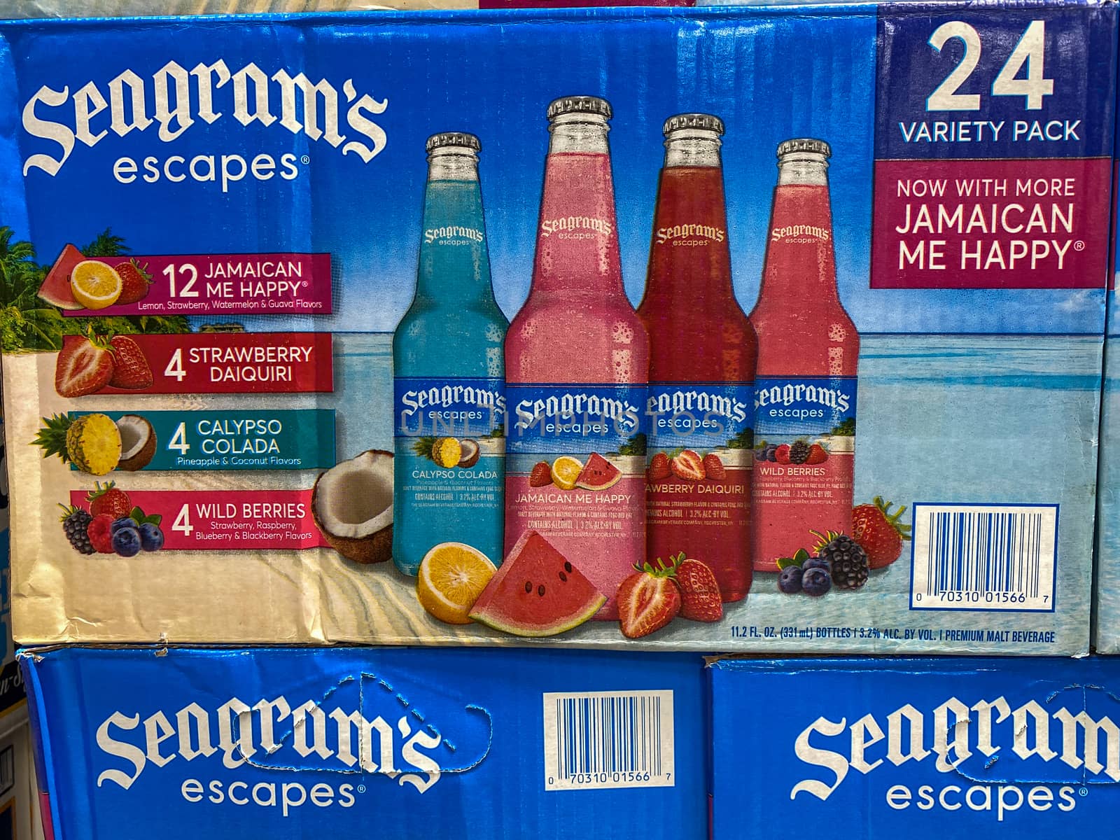 Orlando, FL/USA-5/15/20: Cases of bottles or Seagrams Wine Coolers at a Sams Club grocery store waiting for customers to purchase.
