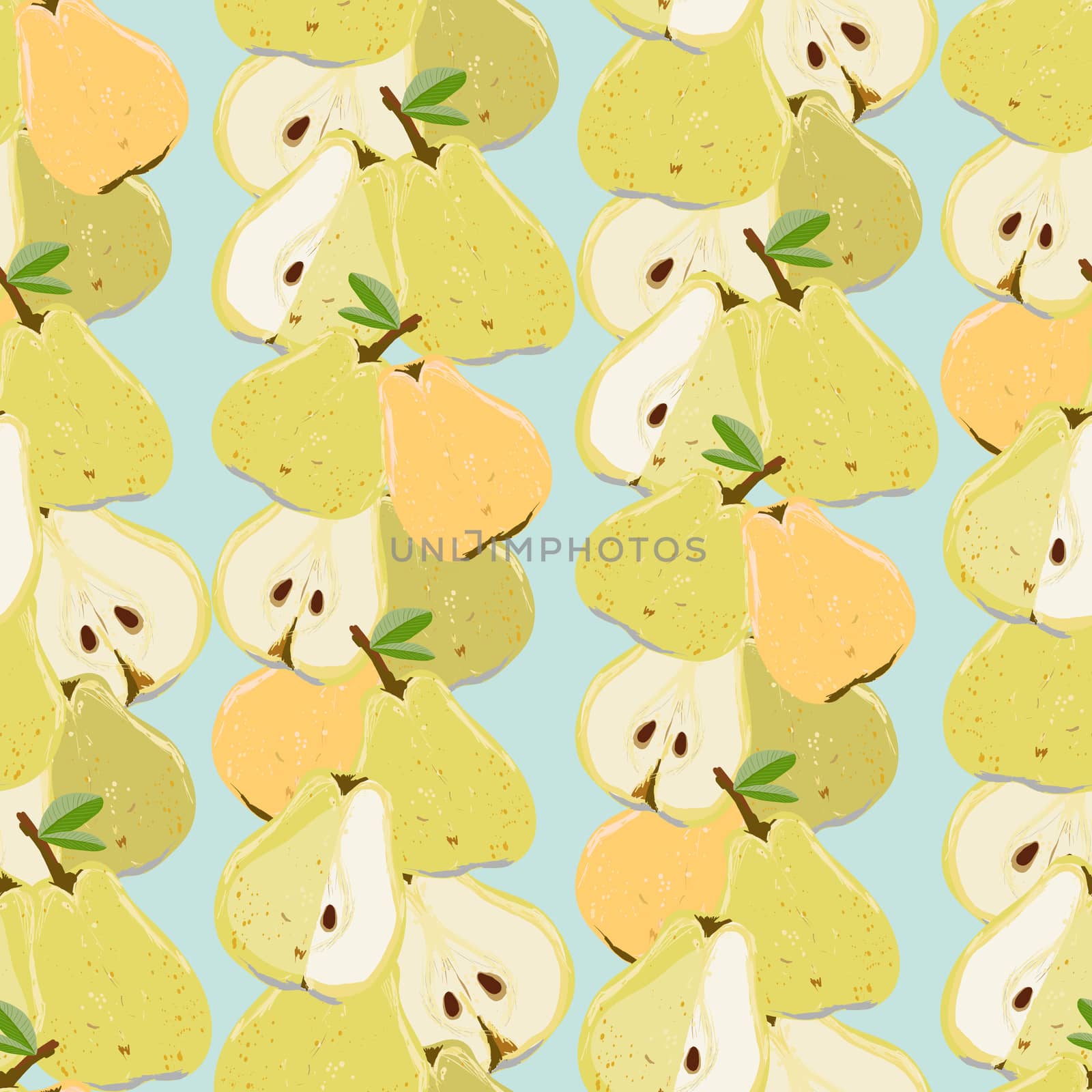 Yellow and orange juicy sliced pears seamless pattern on a turquoise background. Summer fruit endless pattern, design for wallpapers, fabrics, textiles, packaging.