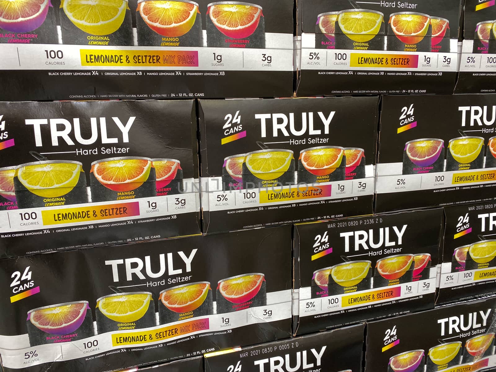 Orlando, FL/USA-5/15/20: Cases of cans of Truly Flavored Hard Lemonades at a Sams Club grocery store waiting for customers to purchase.