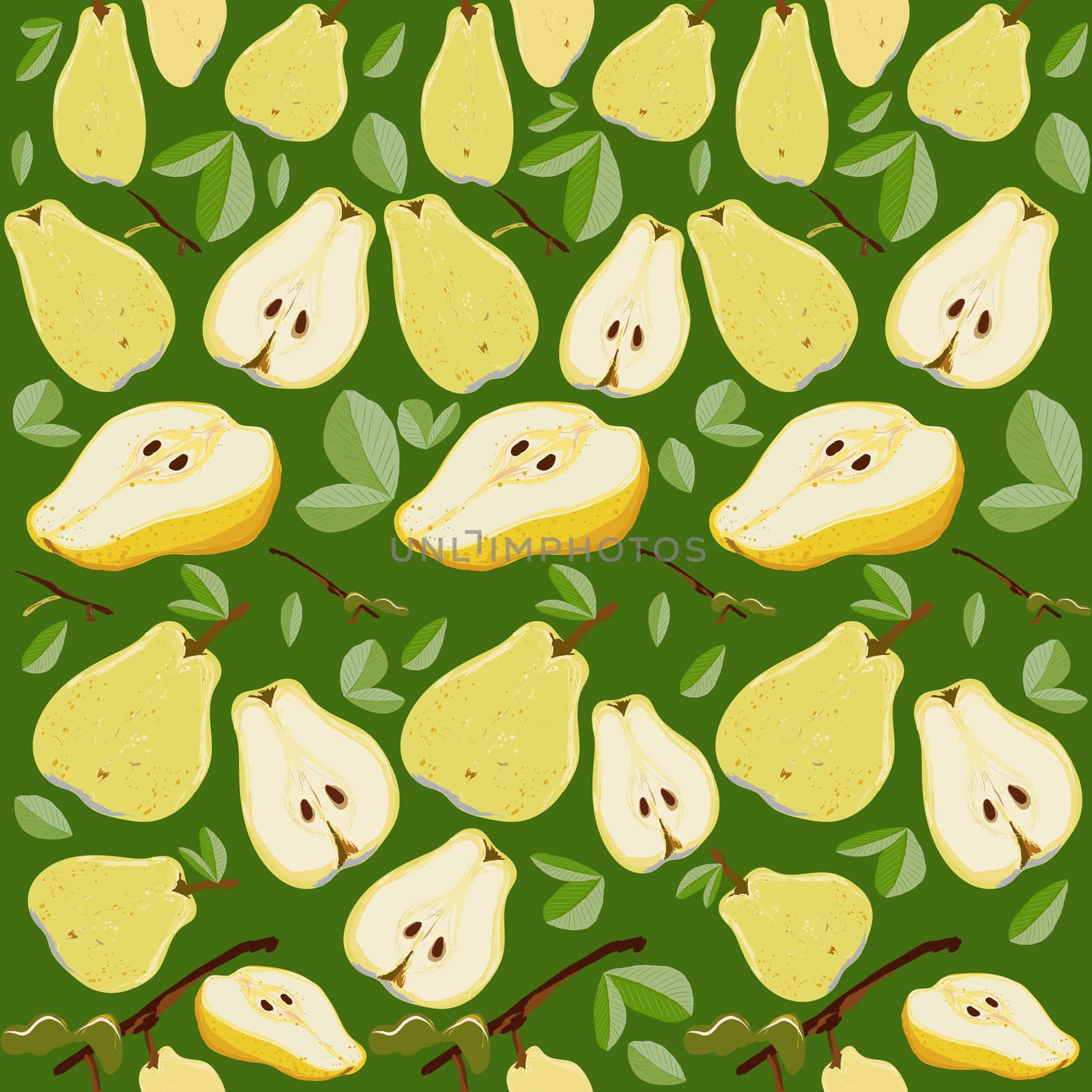 Yellow and orange juicy sliced pears with leaves seamless pattern on a green background. by Nata_Prando