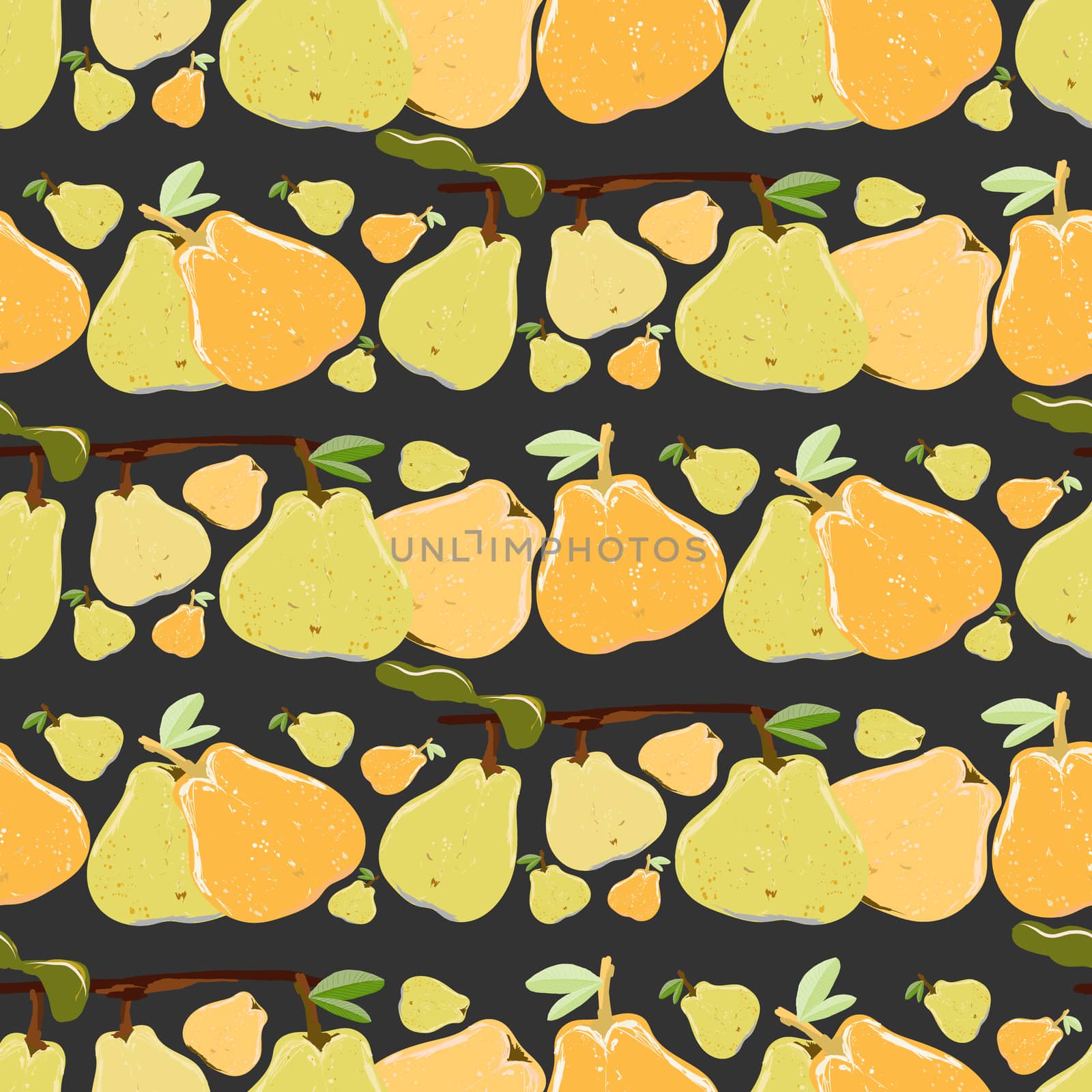 Yellow and orange juicy pears seamless pattern on a black background. by Nata_Prando