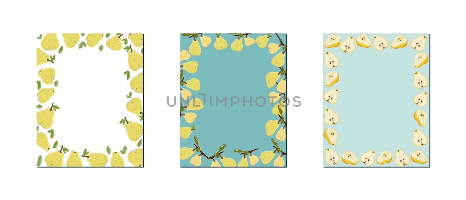 Set with yellow pears rectangular frames. Summer fruit design set for design, banner, menu, poster, apparel, cards.