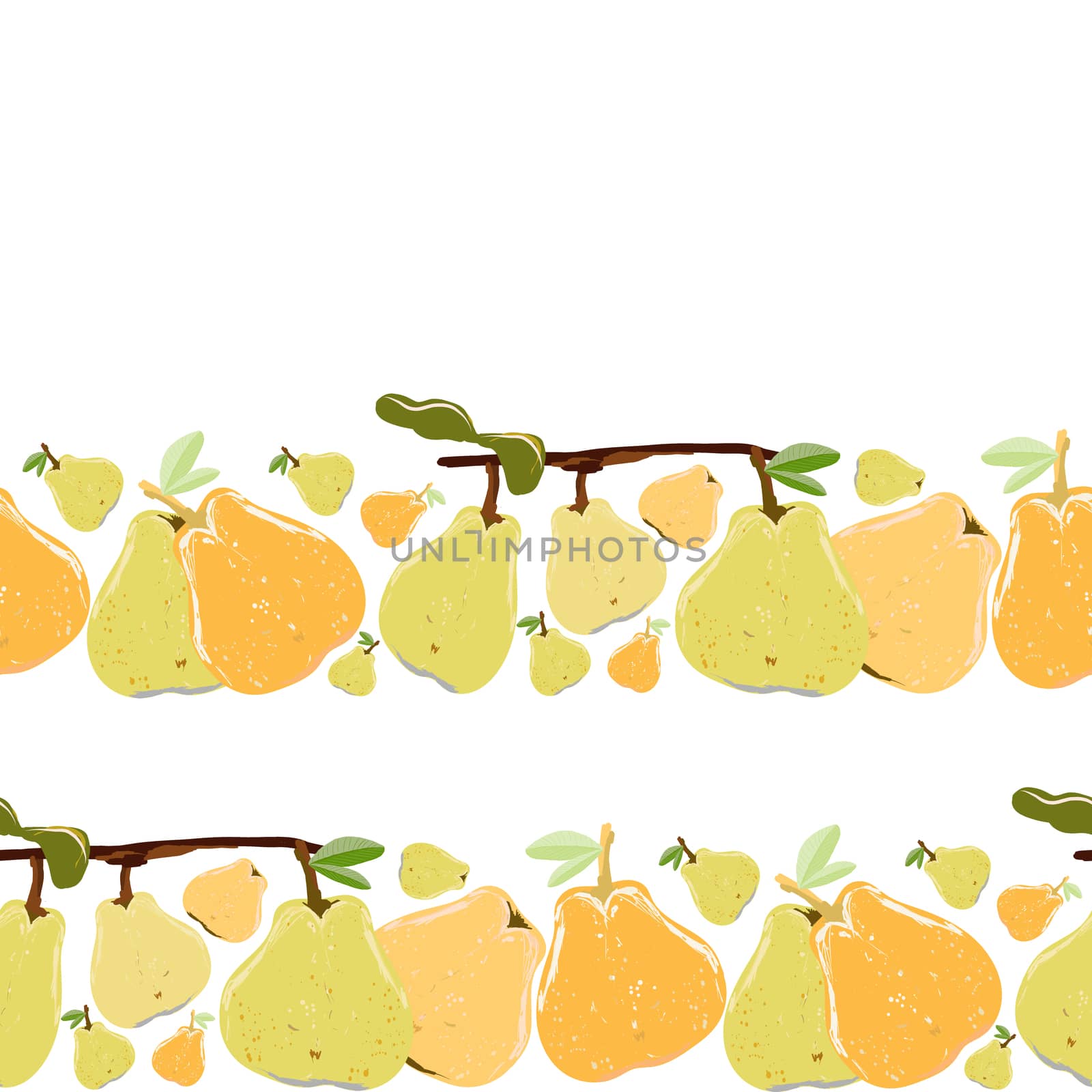 Yellow and orange pears whole with leaves seamless horizontal border on white background. Juicy design set for design, banner, menu, poster, apparel, cards.