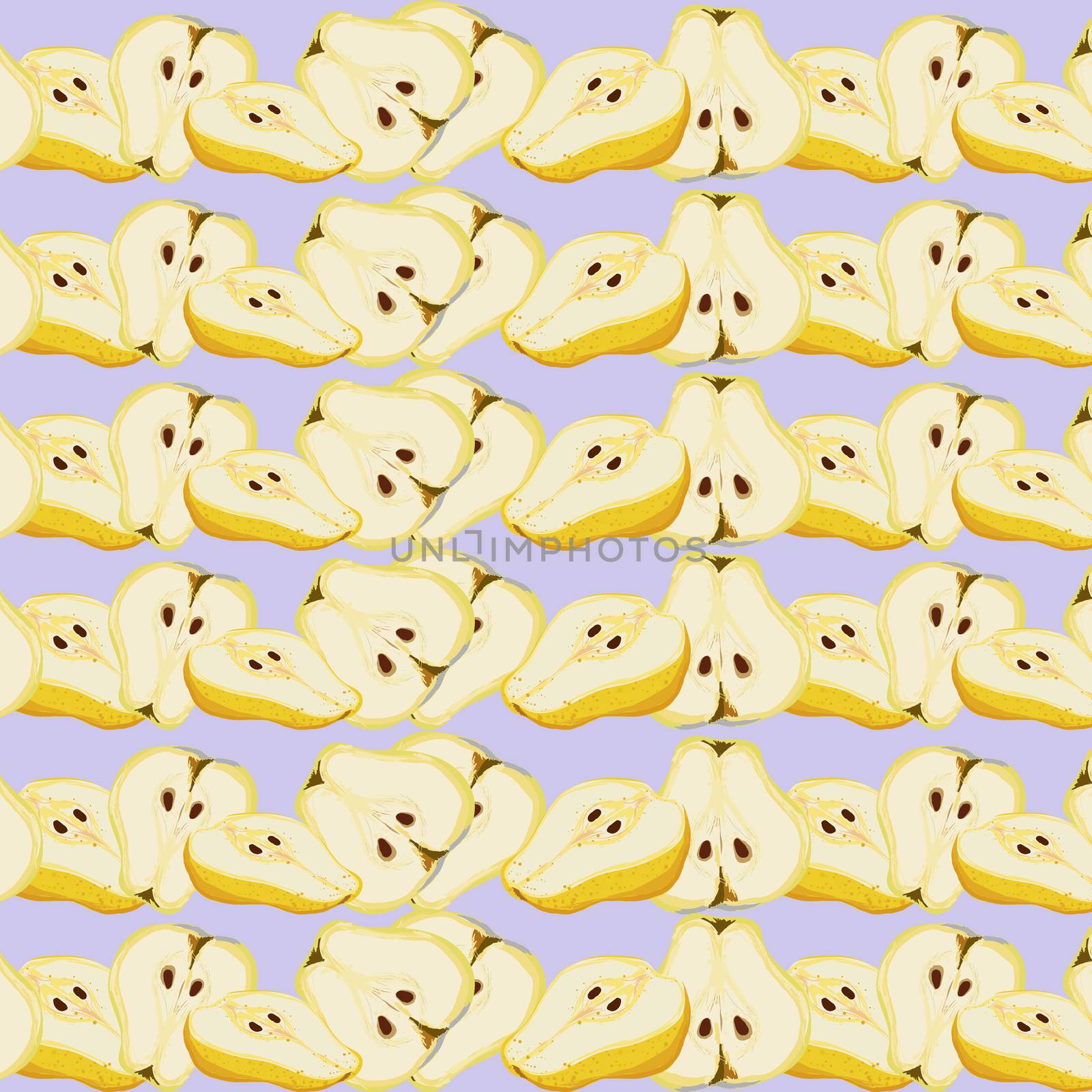 Yellow cut pears seamless pattern on a lilac background. Juicy and mouth watering pattern, design for wallpapers, fabrics, textiles, packaging.