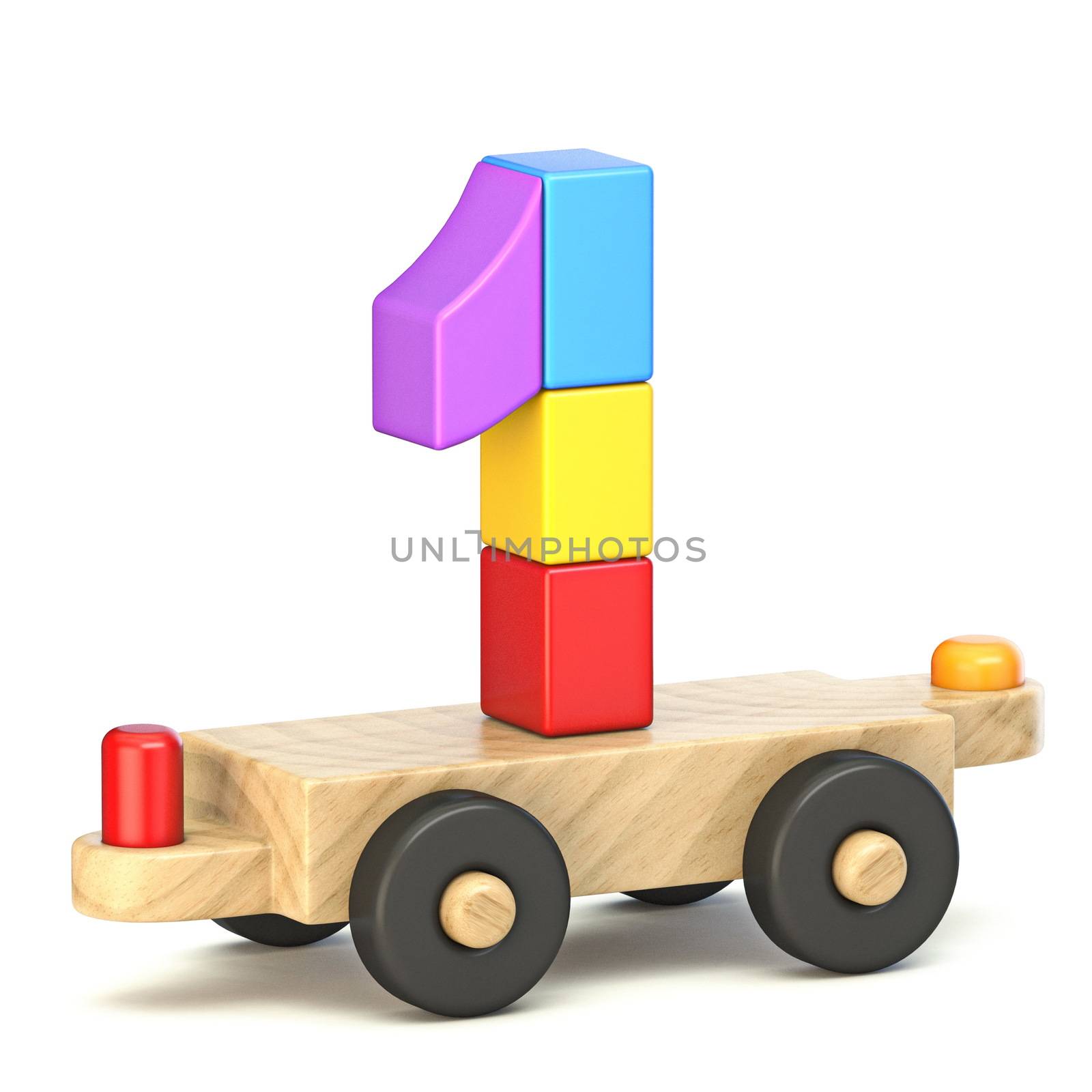 Wooden train Number 1 ONE 3D render illustration isolated on white background