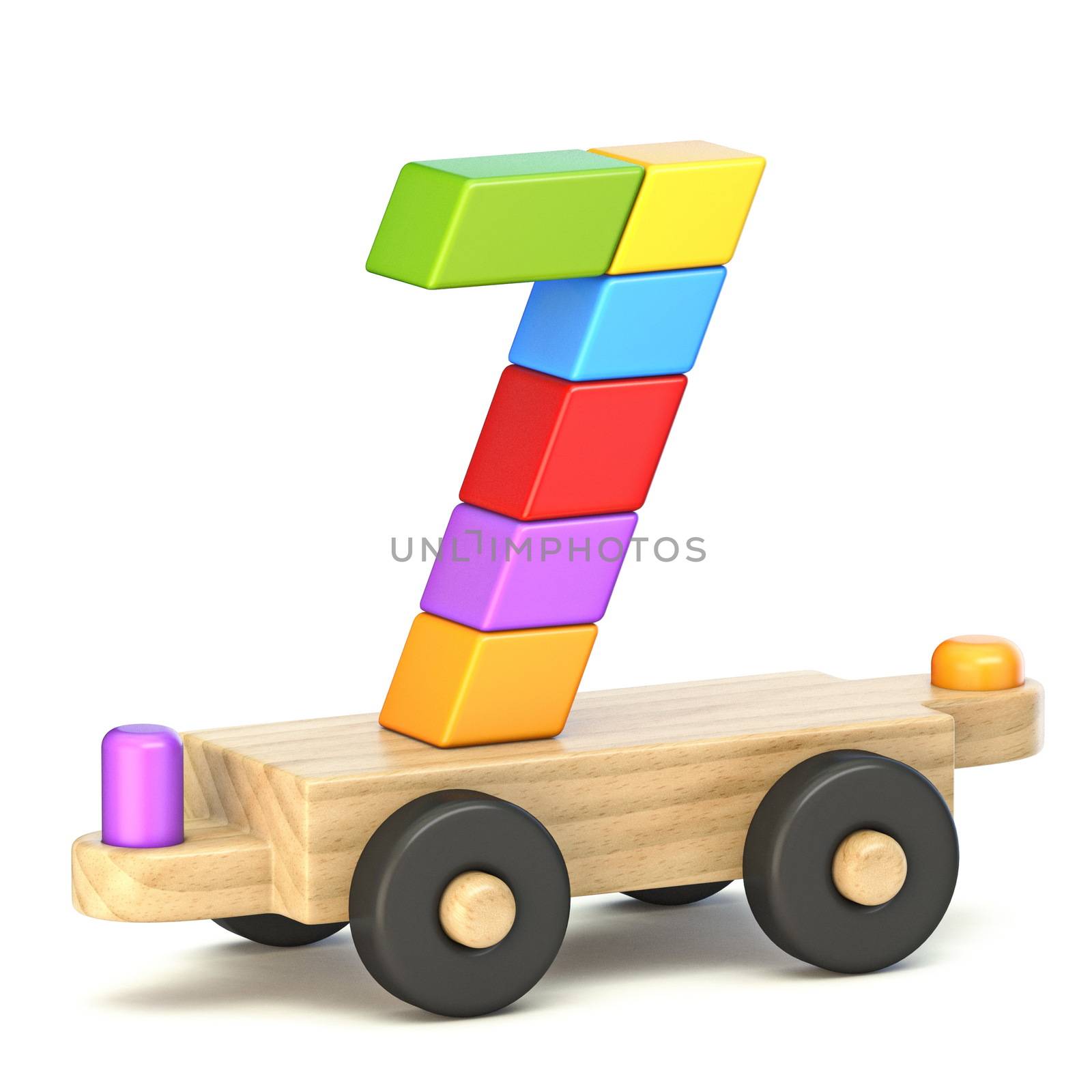 Wooden train Number 7 SEVEN 3D render illustration isolated on white background