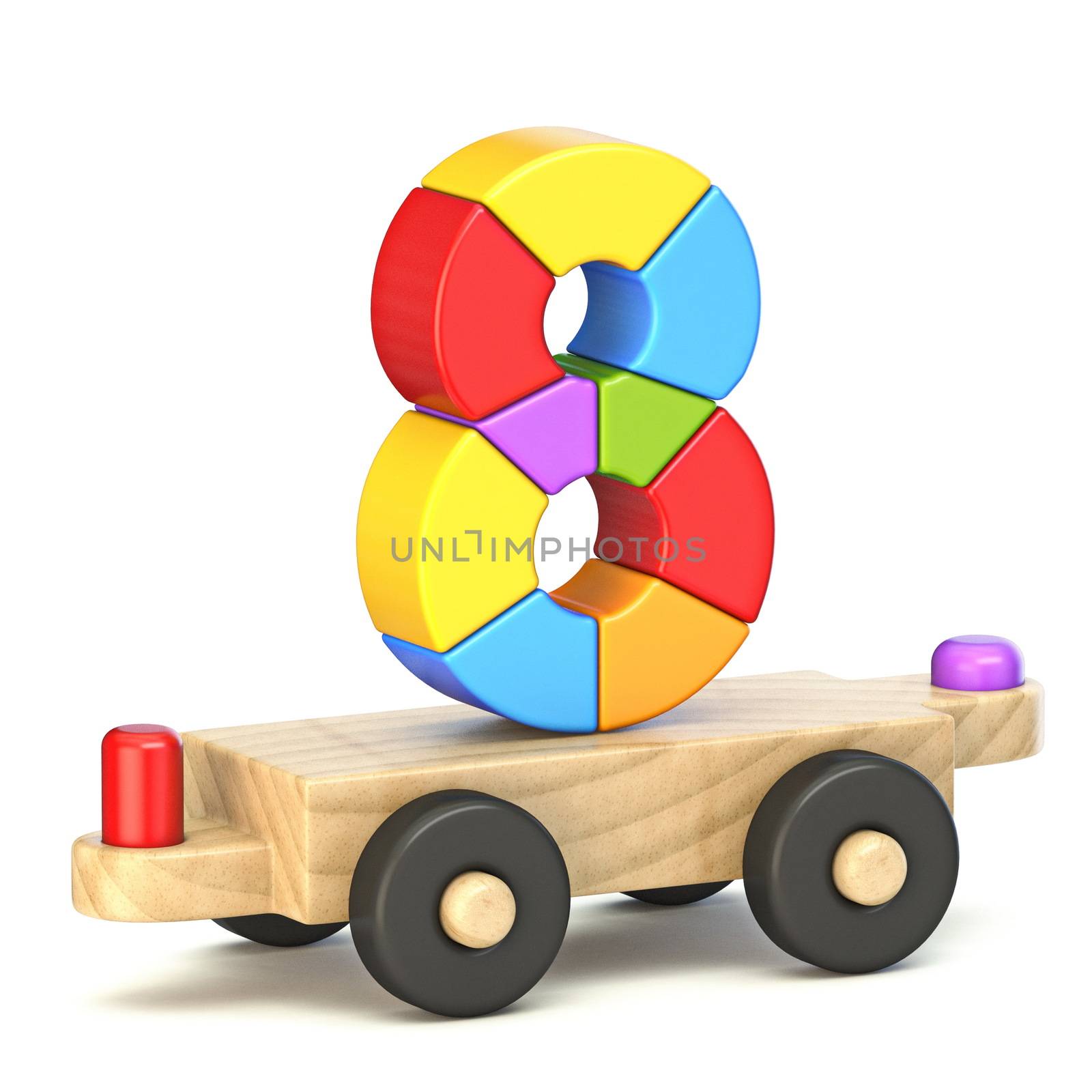 Wooden train Number 8 EIGHT 3D render illustration isolated on white background