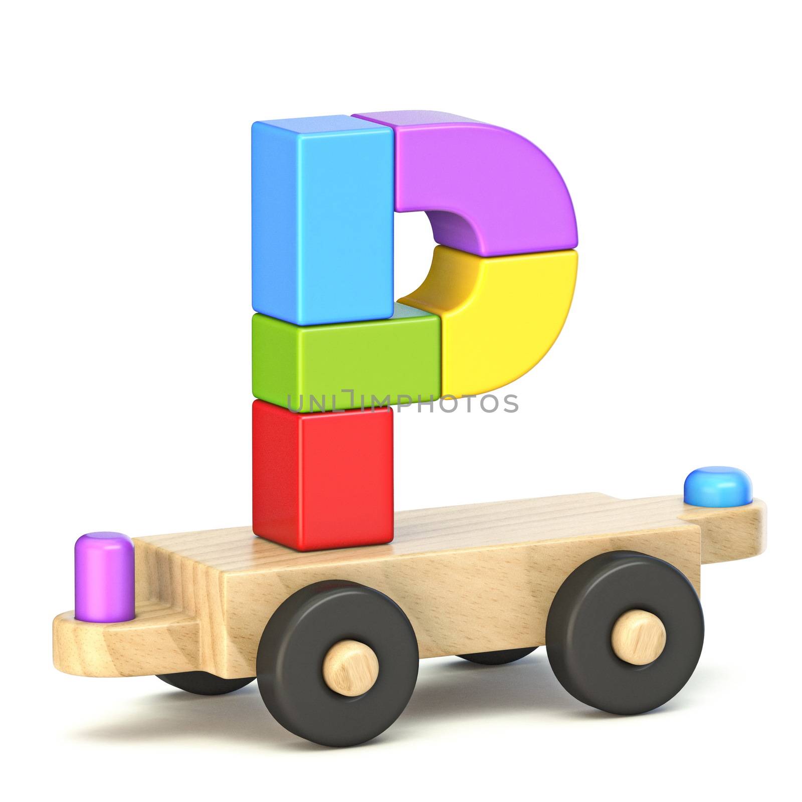 Wooden train font Letter P 3D render illustration isolated on white background