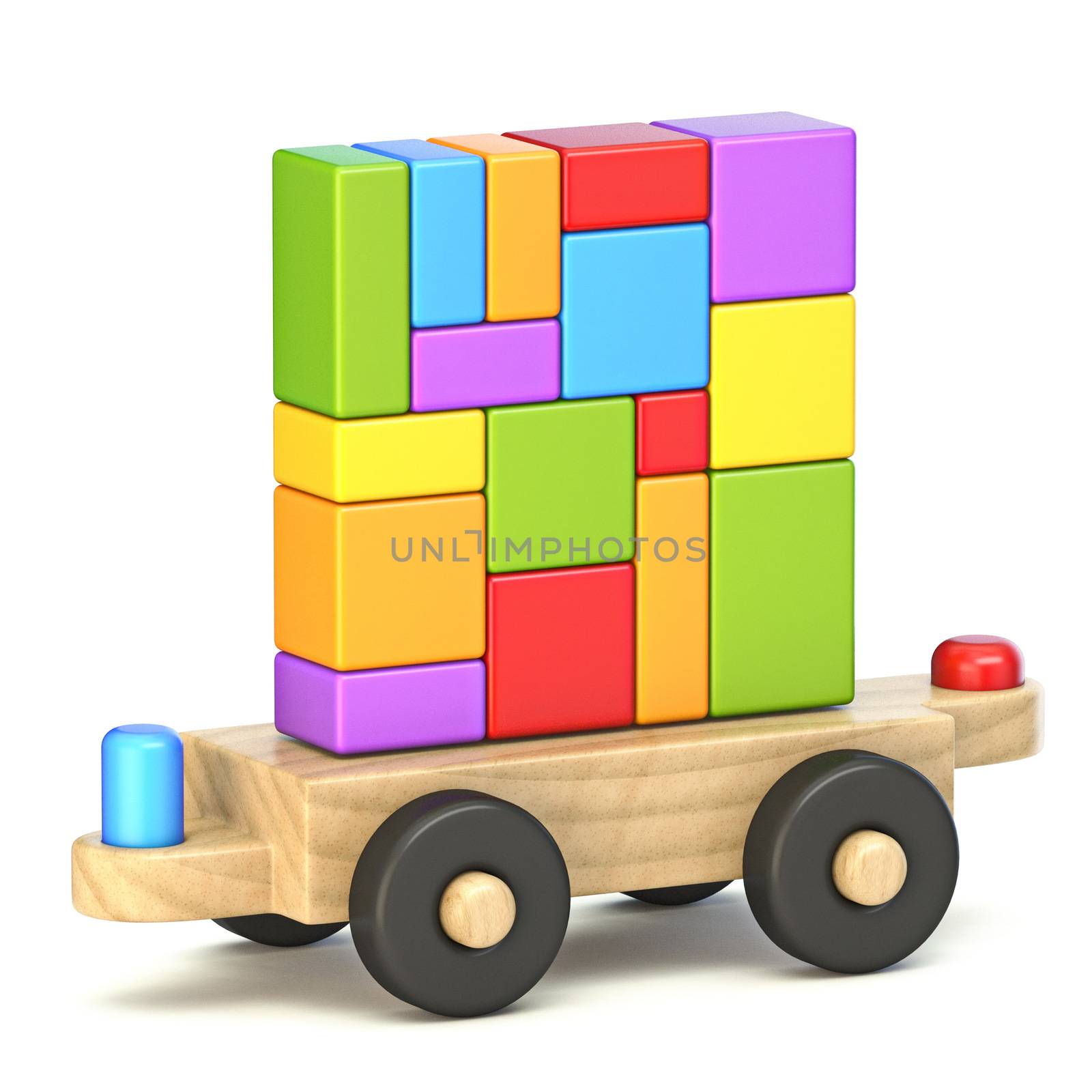Wooden train wagon with colorful toy bricks 3D render illustration isolated on white background