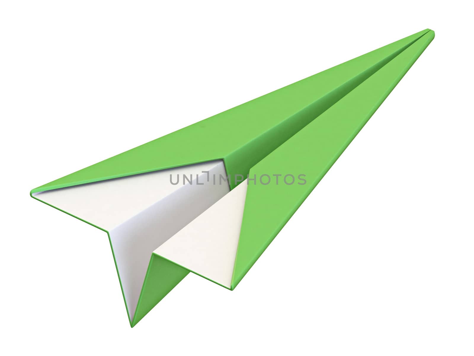 Green origami paper folded airplane 3D render illustration isolated on white background