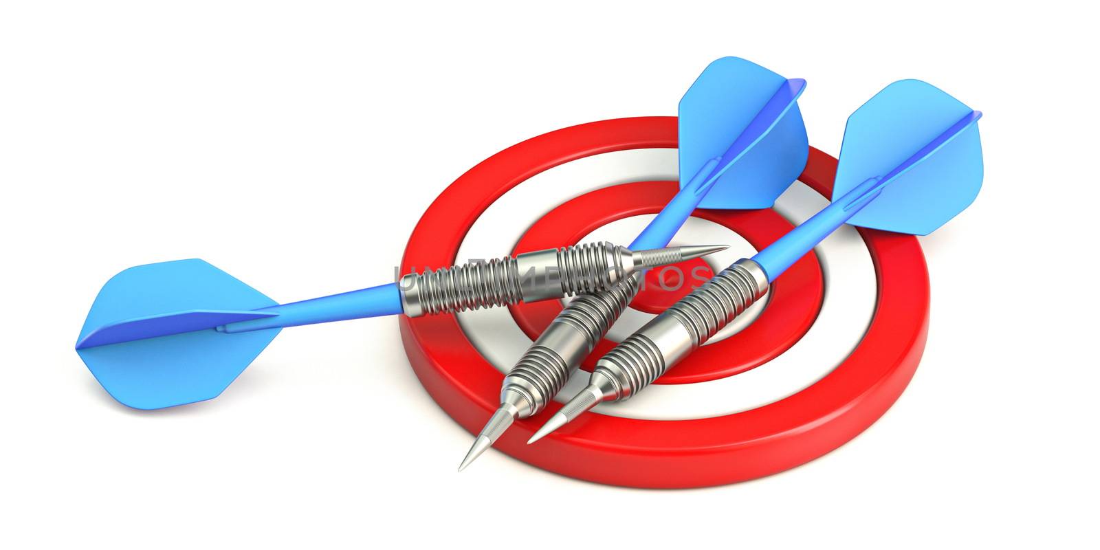 Red target with blue darts 3D render illustration isolated on white background