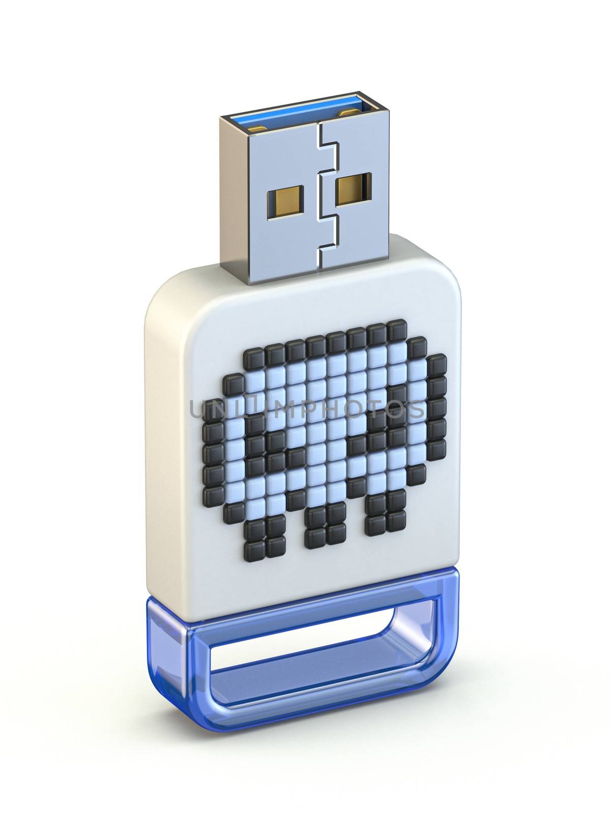 Skull sign on vertical USB memory stick 3D render illustration isolated on white background