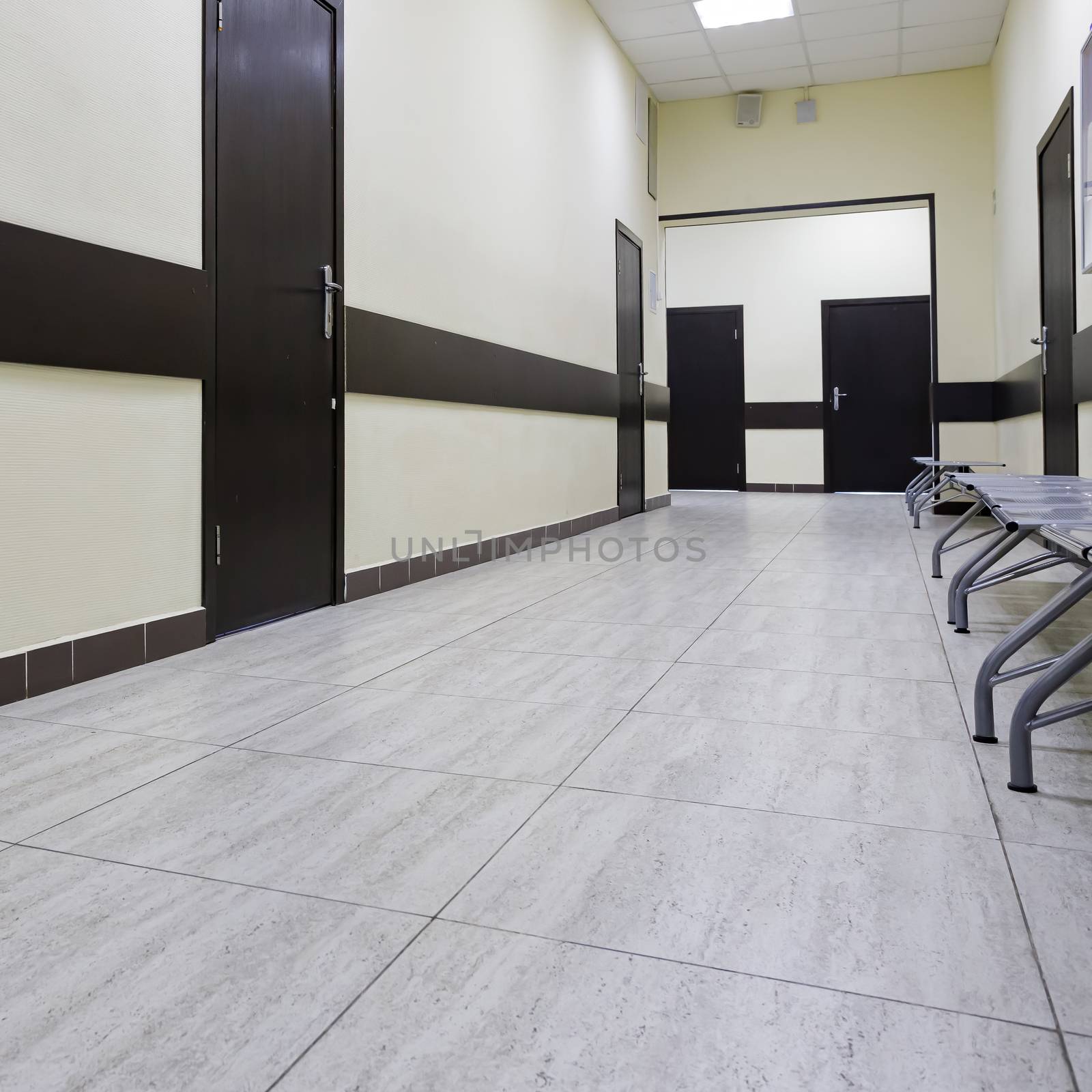 empty corridor in the modern office building. There are many brown doors along a very long corridor with beige walls.