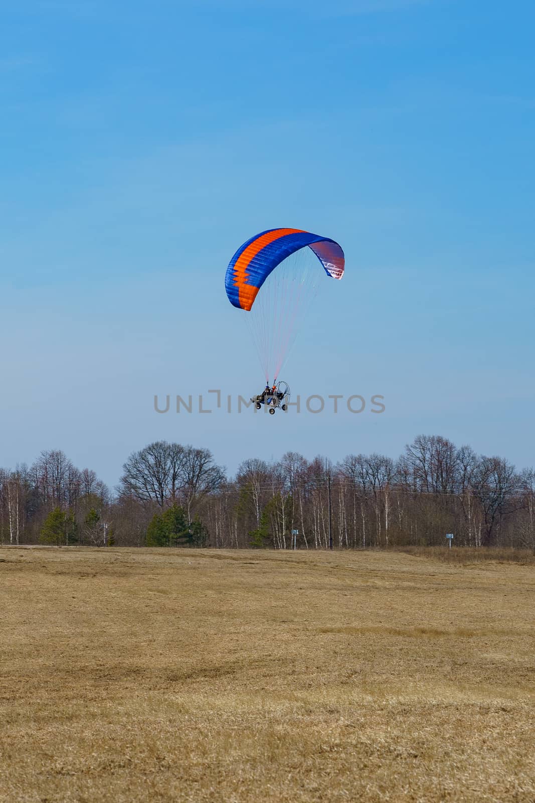 paraglider begins to take off over the field on a sunny day by VADIM