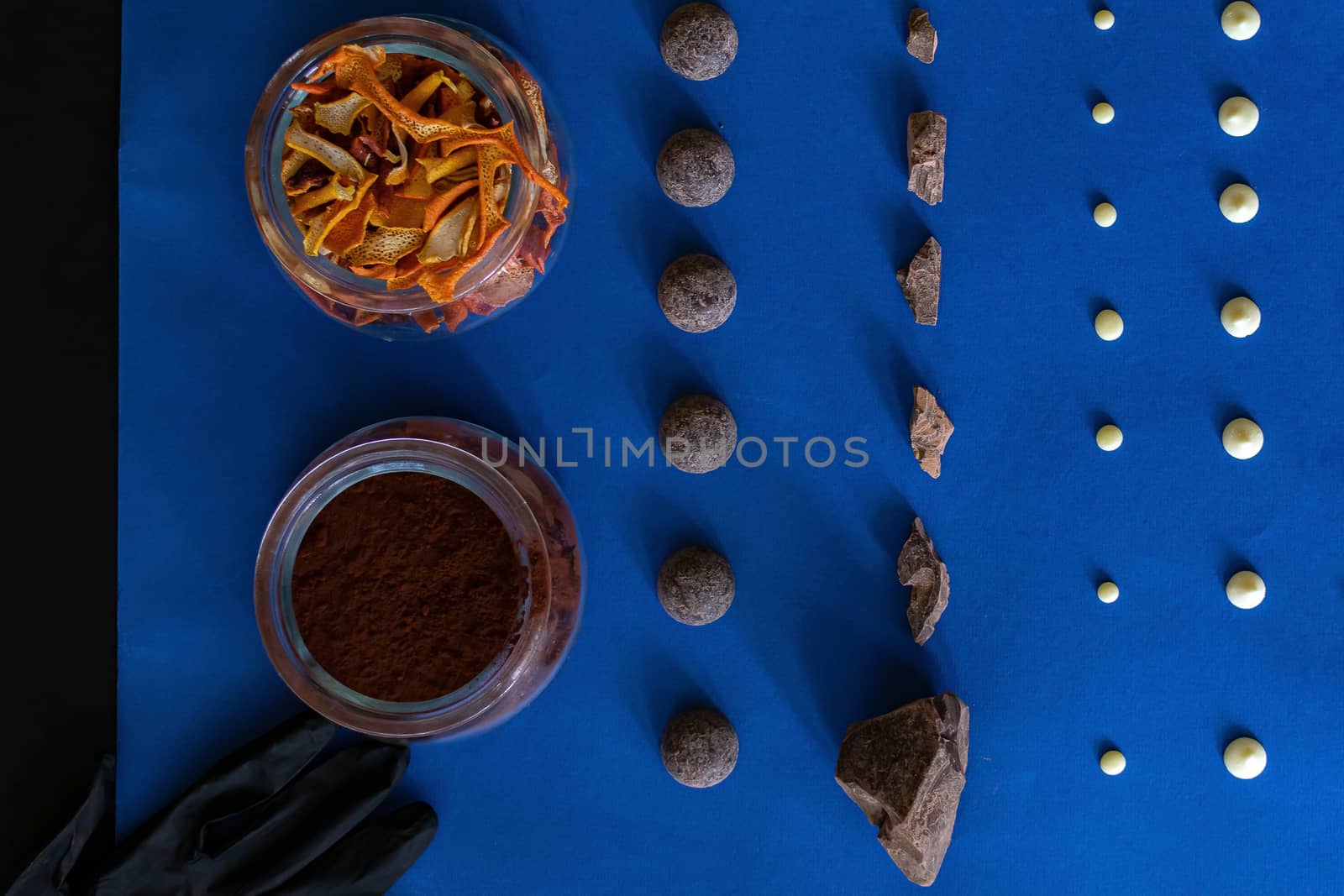 Home made chocolate for valentine day gift or other holidays, selective focus on blue background by bonilook