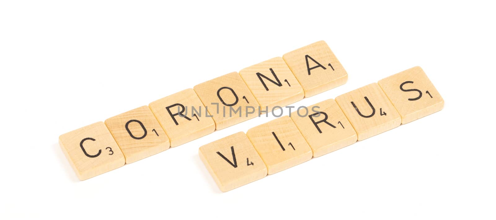 Corona virus scrable letters, isolated on a white background