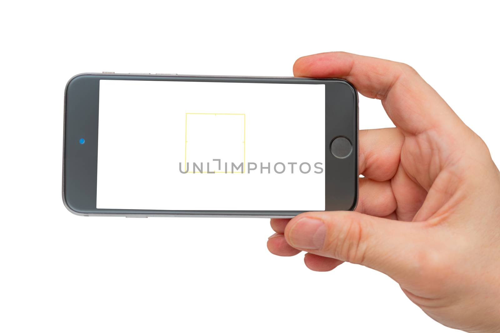 Smartphone in man's hand on transparent background. Smartphone photography.