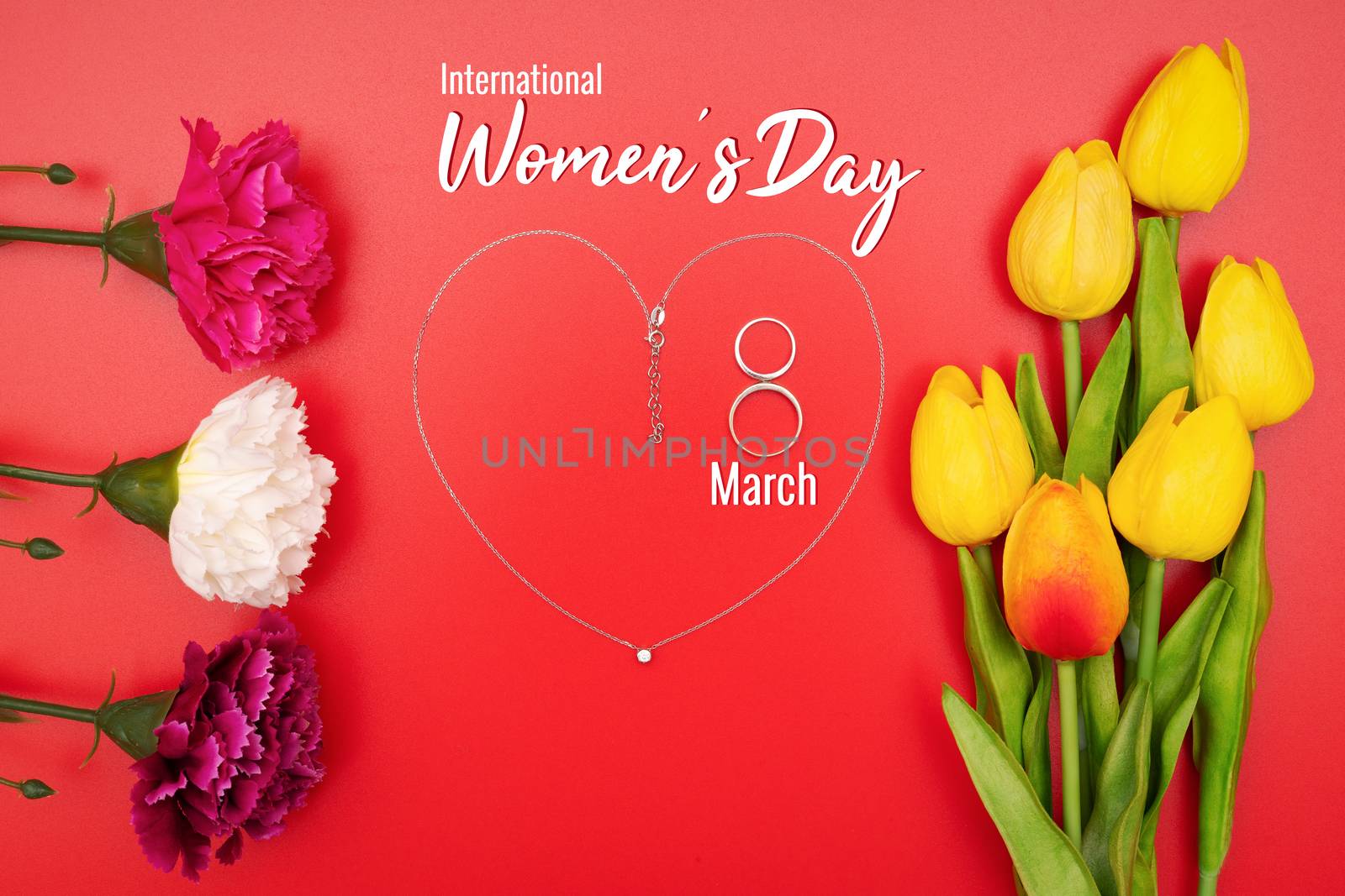 International Womens Day with flowers and heart shape necklace on red background