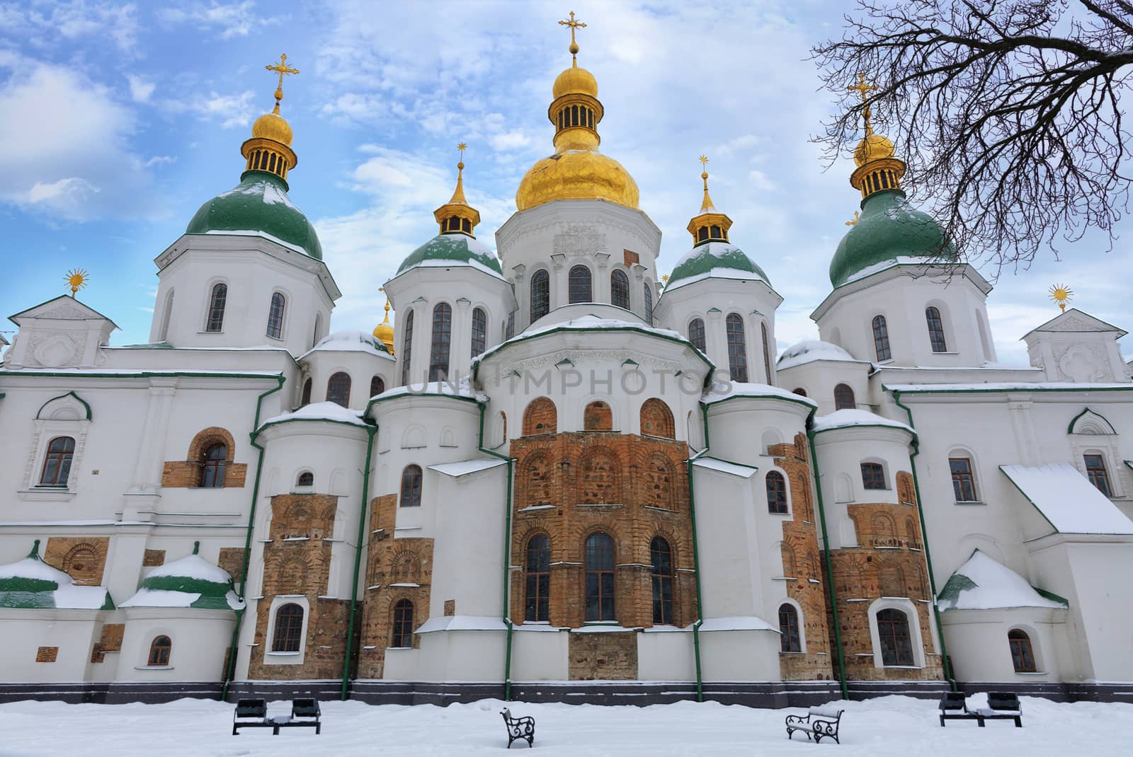 The building of the famous St. Sophia Cathedral in Kyiv in the winter 01/07/2019 against the blue cloudy sky