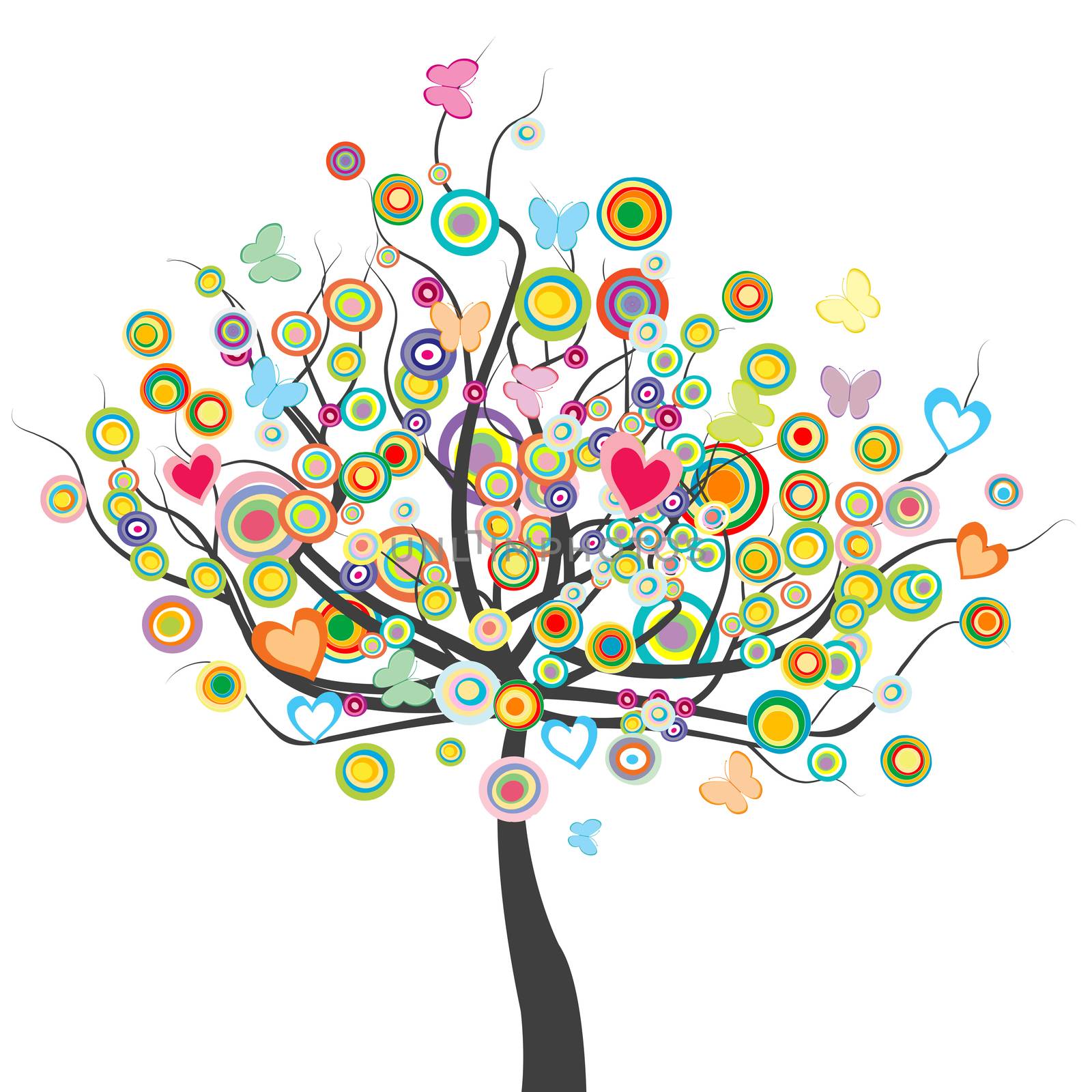 Colored tree with flowers, butterflies and circle shape leaves