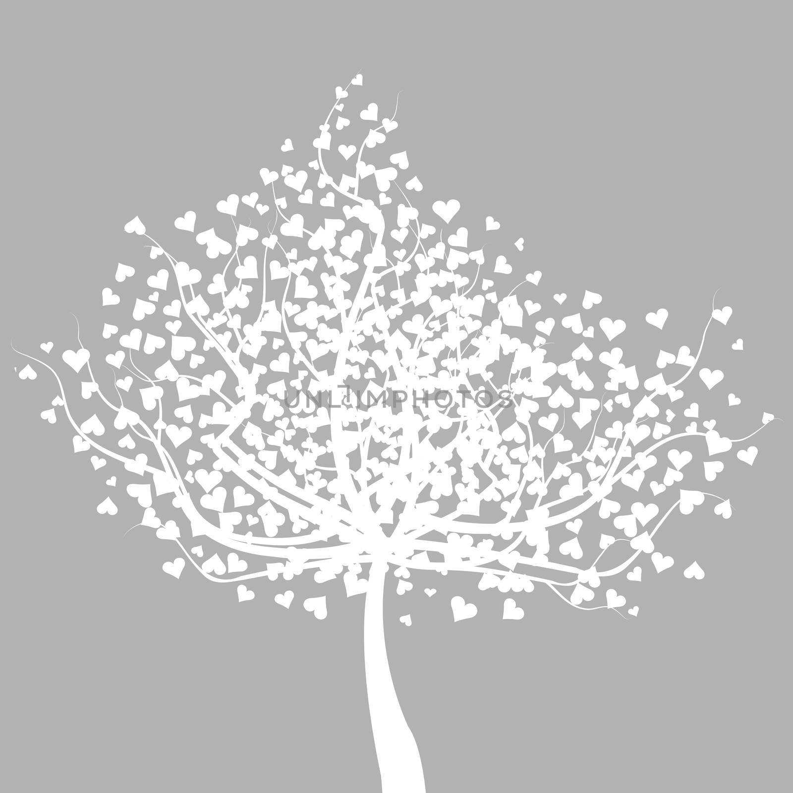 Abstract white tree with heart shape leaves, romantic greeting card