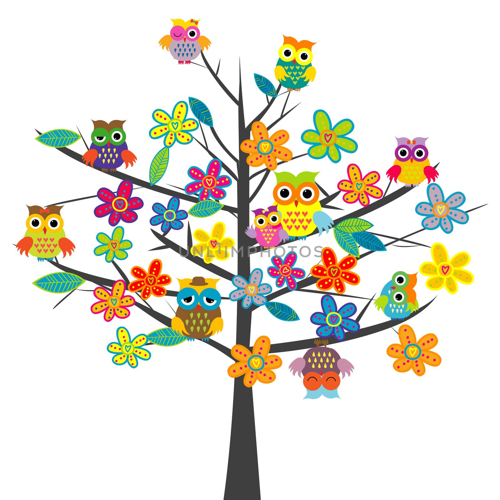 Colorful tree with flowers and cartoon owls