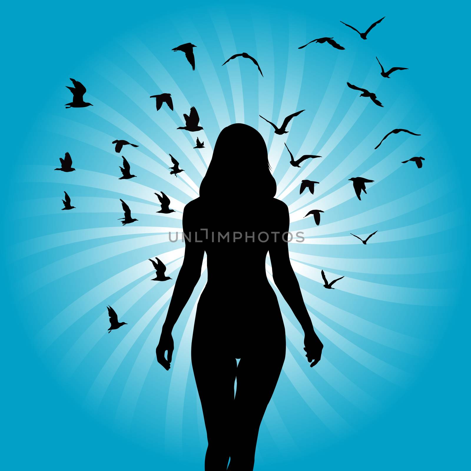 Silhouette of woman with birds flying around her on sunburst background